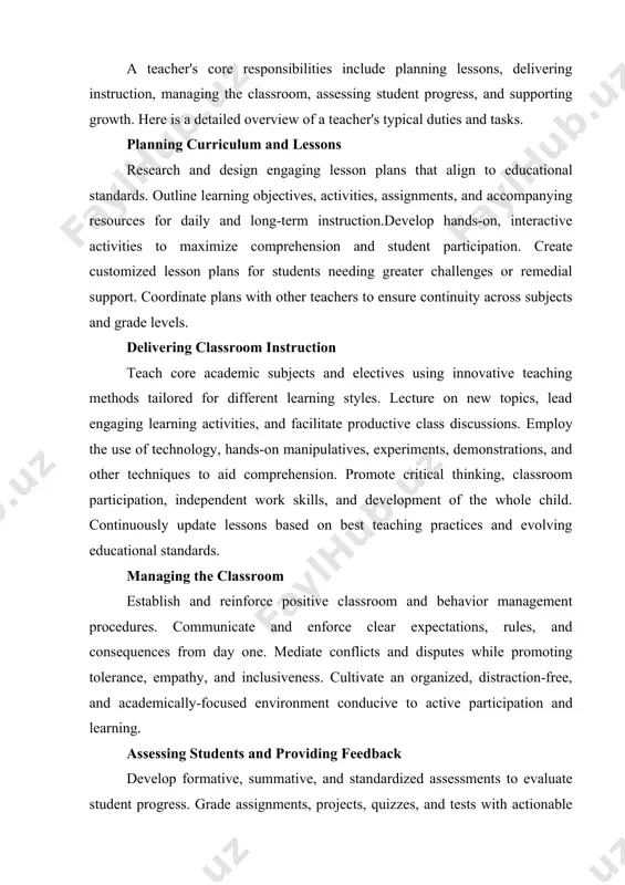re academic subjects and electives using innovative teaching methods tailored for different learning styles. lecture on new topics, lead engaging learning activities, and facilitate productive class discussions. employ the use of technology, hands-on manipulatives, experiments, demonstrations, and other techniques to aid comprehension. promote critical thinking, classroom participation, independent work skills, and development of the whole child. continuously update lessons based on best teaching practices and evolving educational standards. managing the classroom establish and reinforce positive classroom and behavior management procedures. communicate and enforce clear expectations, rules, and consequences from day one. mediate conflicts and disputes while promoting tolerance, empathy, and inclusiveness. cultivate an organized, distraction-free, and academically-focused environment conducive to active participation and learning. assessing students and providing feedback develop formative, summative, and standardized assessments to evaluate student progress. grade assignments, projects, quizzes, and tests with actionable written and verbal feedback. identify students in need of extra help or enrichment …