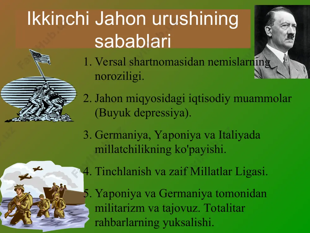 1939 yilda polsha koridorini topshirishni talab qilmoqda. gitler va stalin 1939 yil avgustda tajovuz qilmaslik to'g'risidagi bitimni imzoladilar. 1-sentyabr 1939-yil gitler polshaga bostirib kirdi yevropadagi urush "blitskrieg— chaqmoq urushi sentyabr. 1939, germaniya va sssr polshani ikkiga bo'lishdi. 1940 yil bahorida, sohta urushdan keyin gitler g'arbiy yevropaga bostirib kirdi. belgiya, gollandiya, daniya va norvegiya tezda qulab tushadi. nemislar 10 kun ichida la-manshning frantsiya qirg'oqlariga etib kelishdi. fransuzlar orqaga qaytib, yiqilib tushishadi. 22 yil 1940 iyunda fransuzlar taslim bo'lishdi. - vichi fransiya g'arbiy yevropa fashistlarga tushdi. dunkirkni qutqarish. yevropada urush uinston cherchill yangi bosh vazir. 10-iyuldan boshlab luftvaffe tayyorgarlik ko'rish uchun ingliz mudofaasini yo'q qilish uchun yuborildi “dengiz sher “ operatsiyasi (angliyaga bostirib kirish). birlashgan qirollik havo kuchlari (raf) germaniyaning 4500 samolyotiga qarshi kurashish uchun atigi 2900 samolyot bor edi. nemislar aviabazalarga hujum qilishdan boshladilar. biroq, 25 avgustga o'tar kechasi raf bombardimonchilari qasos sifatida germaniyadagi o'q-dorilar zavodini bombardimon qilish uchun yuboriladi. ular …