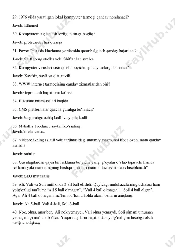 nchalik boshqa nom bilan nomlangan tarmoq qanday artaladi?-arpanet 12. + quyidagi mantiqiy ifodani python dasturlash tilida yozing?- y=(x**2+x-3)/(x**2+5*x)+1/x 13. >>> print(1+2**3*4) natijani aniqlang?-33 14. >>>print a=’ informatika’ len(a)?-11 № savol mazmuni javob 1 qanday axborotga ilmiy axborot deyiladi? tabiat, jamiyat va fikrlashning ob’yektiv qonuniyatlarini ifodalovchi mantiqiy axborot 2 ms excel. a1=4, b1=5, c1=6 uchlik qiymatlari va a1=100, b1=500, c1=1000 uchlik qiymatlari uchun natijasi o‘zgarmaydigan formlani aniqlang =если(c1-a1>b1-a1; 5; 7) 3 ali, vali va soli imtihonda 3 xil ball olishdi: 3 yoki 4 yoki 5. quyidagi mulohazalarning faqat bittasi rostligi ma’lum: “ali 3 ball olgan”, “vali 5 ball olgan”, “soli 4 ball olmagan”. agar soli 3 ball olmagani ma’lum bo‘lsa, u holda o‘quvchilar olgan ballarni aniqlang. ali – 4 ball, vali – 3 ball, soli – 5 ball 4 axborot texnologiyasi – bu … axborotlarni olish, ishlov berish, taqdim etish usul va vositalari mosligi bo‘lib, foydalanuvchi talablaridan kelib chiqqan holda uning …