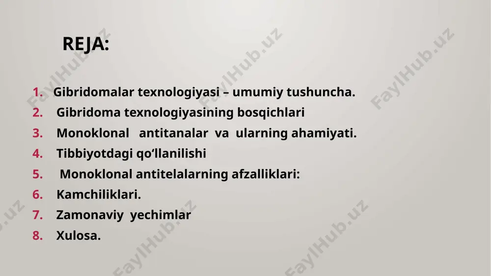 diagnostika, dori vositalari va tadqiqotlarda keng qo‘llaniladi. 🏥 tibbiyotdagi qo‘llanilishi: saraton, revmatizm, autoimmun kasalliklar va infeksion kasalliklarda terapiya. virus va bakteriyalarni aniqlashda diagnostika vositasi. immunoterapiya va ksenotransplantatsiyada immunosupressiv dori sifatida. 💉 monoklonal antitelalarning afzalliklari: xususiyat tavsifi yuqori spesifiklik . faqat bitta antigen epitopini taniydi doimiy ishlab chiqarish gibridoma o‘zgarishsiz antitela ishlab chiqaradi oson tozalash o‘xshash tuzilishga ega bo‘lgani uchun terapevtik va diagnostik ahamiyat saraton, revmatoid artrit, covid-19, elisa, immunoflyuoresensiyada keng qo‘llaniladi 🧪 ilovalar: dori ishlab chiqarish: trastuzumab (herceptin), rituximab, infliximab diagnostika: elisa, lateral flow testlar (masalan, covid-19 testlari) immunoterapiya: saratonga qarshi terapiyada car-t hujayralar bilan birgalikda ishlatiladi. ⚠️ kamchiliklari: hayvonlardan foydalanish — bioetik muammo. gibridoma ishlab chiqarishda vaqt va resurs talabi yuqori. inson organizmida immun javob paydo bo‘lishi mumkin (insonlashtirilmagan antitela qo‘llansa). gibridomalar texnologiyasining kelajagi rekombinant antitanalar ishlab chiqish (insonlashtirilgan antitanalar). immunoterapiyada yangi yondashuvlar (masalan, car-t hujayralari). diagnostika vositalarini yanada takomillashtirish. biotexnologiyada kengaytirilgan qo‘llanilishi. 🔄 zamonaviy yechimlar: humanizatsiyalangan monoklonal antitelalar: …
