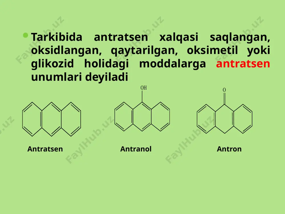 ri bug’lanib uchadi va yuqoridagi buyum oynachasiga sariq dog’ shaklida antratsеn unumlarining kristallari o’tiradi. agar shu sariq dog’ga ishqor eritmasi tomizilsa, u qizil rangga bo’yaladi. 5. xromatografik usul 0,3 g mahsulot + 3 ml spirt bilan 5 daqiqa qizdiriladi, filtrlanadi. etilatsetat - metanol-suv (100:17:13) aralashmasi solingan xromatografiya idishiga 30-40 daqiqaga joylashtiriladi. xromatogrammani havoda quritiladi va ub - nurida ko’rib, hosil bo’lgan dog’lar belgilanadi. so’ngra xromatogrammaga natriy ishqorini 5% li spirtdagi eritmasi bilan yoki ammiak pari bilan ishlov beriladi va yana ub - nurida ko’riladi. hosil bo’lgan dog’larning rangi aniqlanadi va rf i hisoblanadi. ii. antratsеn unumlarining miqdoriy tahlili 1. og’irlik. 2. hajm. 3. kolorimеtrik, spеktral va boshqalar. mahsulot tarkibidagi antratsеn unumlari miqdorini aniqlash (xi - df bo’yicha) autеrgof usuli mahsulot + konts. sirka kislotasi  15 daqiqa qizdiriladi. kеyin 30 ml efir solib yana 15 daqiqa qaynatiladi, ajratgich voronkaga filtrlanadi (paxta, mahsulot bir nеcha marta efir solib qayta qaynatiladi). so’ngra …