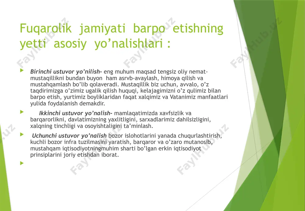 otlar bugungi kunda mamlakatimizda jamiyat hayotining turli sohalarida 5100 dan ziyod nodavlat notijorattashkilotlari faoliyat yuritmoqda va bu ko’rsatkich 2000 yilga qaraganda 2,5 barobar ko’pdir. fuqarolir yig’inlari va o’zini щo’i boshqarish organliri – mahallalar soni 10 mingdan ortiqni tashkil qiladi. bo’lar qatorida “kamolot” yoshlar ijtimoiy harakati, o’zbekiston xotin – qizlar qo’mitasi, “sog’lom avlod uchun”, “nuroniy” jamg’armalari, “ijod” fondi, nodavlat notijorat tashkilotlar milliy assosiasiyasi va boshqa jamoat tashkilotlarini sanab o’tish mumkin. yurtimiz taraqqiyotining hozirgi bosqichida nodavlvt notijorat tashkilotlari va boshqa fuqarolik institutlari rolini yanada kuchaytirish fuqarolik jamiyatini shakllantirish, demokratlashtirish va mamlakatimizning jahon hamjamiyatiga integrasiyalashuvi bo’yicha o’z oldimizga qo’ygan maqsadimizni ro’yobga chiqarishda hyech bir mubolag’asiz hal qiluvchi omil ekanini, o’ylaymanki, kimgadir uqtirib o’tishga zarurat bo’lmasa kerak. fuqarolik jamiyati institutlarining yanada rivojlanishiga erishish, amalga oshirilayotgan islohatlarimizning ochiq – oshkoraligi va samaradarligini taminlashda, ularning rolini kuchaytirishda “ijtimoiy sheriklik to’g’risida”gi qonunning qabo’l qilinishi muhum ahamiyat kasb etadi fuqarolik jamiyati ijtimoiy – ma’naviy sohadagi manfaatlarini ifodalovchi tuzilmalari …