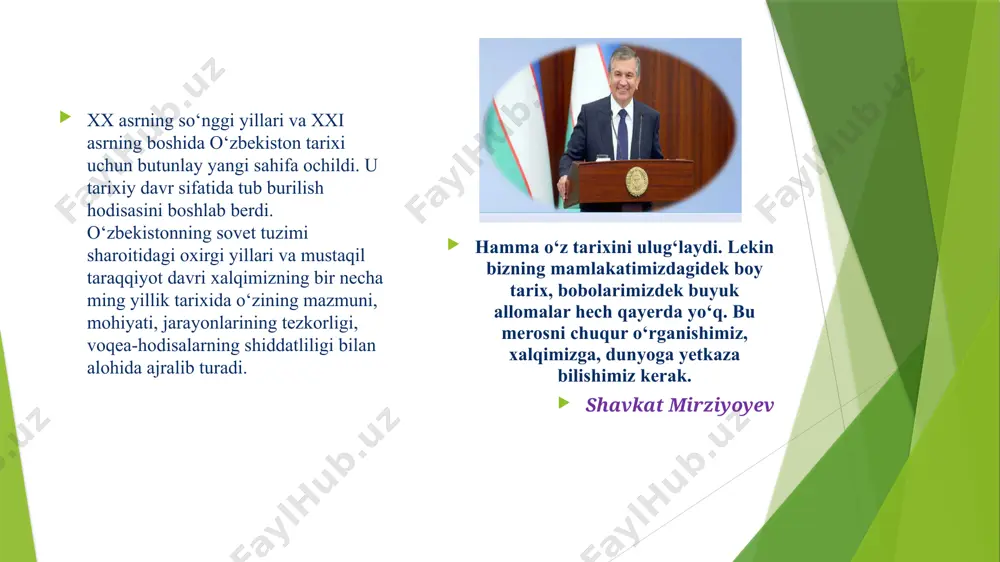 br-o’zbekiston respublikasini “davlat tili haqida” gi qonunini qabul qilinishi 1990-yil 24 mart - o’zbekistonda prezidenrlik lavozimini joriy etilishi 1990-yil 20 iyun - “mustaqillik deklaratsiyasi” ni qabul qilinishi 1991-yil 31 avgust - eng muhim qadam: o’zbekiston respublikasini mustaqilligini e’lon qilinishi mustaqillikni mustahkamlashishi 1991-yil 18 noyabr - o’zbekiston respublikasi davlat bayrog’i qabul qilindi 1992-yil 2 iyun - o’zbekiston respublikasi davlat gerbi qabul qilindi 1992-yil 8 dekabr - o’zbekiston respublikasi davlat konstitutsiyasi qabul qilindi 1992-yil 10 dekabr - o’zbekiston respublikasi davlat madhiyasi qabul qilindi 1994-yil 1iyul - o’zbekiston respublikasi milliy valyuta - so’m muomalaga kiritildi taraqqiyot strategiyasi - farovon kelajagimiz kafolati sayyoramizning ertangikuni, farovonligifarzandlarimiz qanday inson bo’lib kamolga yetishi bilan bog’liq. bizninnig asosiy vazifamiz – yoshlarning o’zsalohiyatininamoyon qilishiuchunzarur sharoitlar yaratishdaniborat o’zbekiston respublikasi prezidenti shavkat mirziyoyevning bmt bosh assambleyasining 72-sessiyasida so’zlagan nutqidan 2017-2021 yillarda o’zbekistonni rivojlantirishning beshta ustuvor yonalishi bo’yicha harakatlar strategiyasi davlat va jamiyat qurilishi tizimini takomillashtirishning ustuvor yonalishlari qonun ustuvorligini ta’minlash va …