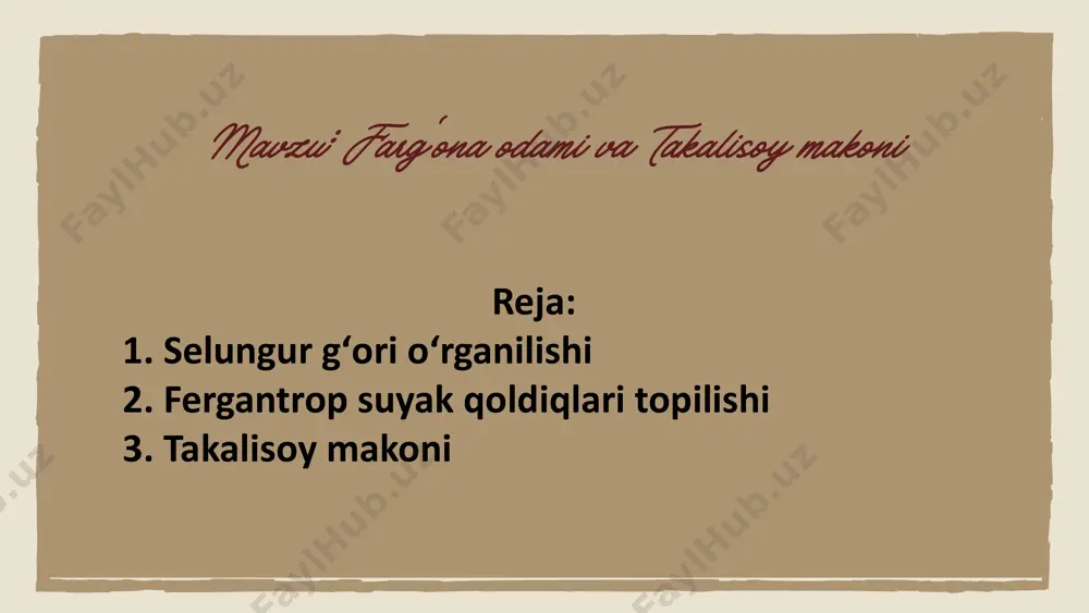rilgan. selung’ur g’ori 1958 yili akademik a.p.okladnikov tomonidan topib o’rganilgan. olim u erda arxeologik qazilmalar o’tkazib, topilgan tosh qurollarga qarab, g’or yuqori paleolit davrida, ya’ni bundan 40-30 ming yil burun ibtidoiy odamlar tomonidan o’zlashtirgan degan xulosaga keladi. ammo 1980 yildan boshlab a.p.okladnikovning shogirdi, o’zbek arxeologi, o’zbekiston fanlar akademiyasining muxbir a’zosi oʻtkir islomov g’orni qayta o’rgana boshladi. u.ismoilov g’orning bir necha joyida qazilmalar o’tkazib, toshdan ishlangan juda boy mehnat qurollari va hayvon suyaklarini topdi. selungʻurdagi suyak qoldiqlari 1980-1990 yillar oralig‘ida o‘.i. islomov rahbarligida yodgorlikda kompleks (arxeologik, geologik, antropologik, paleontologik, paleobotanik va h.k.) ravishda tadqiqotlar olib borilgan. xozirgi kungacha mintaqada ilk paleolit davriga mansub bo‘lgan yagona paleoantropologik topilma aynan selung‘ur g‘or makonidan topilgan. yodgorlikning uchinchi madaniy qatlamidan 6 dona qadimgi odam tishi va yelka suyagi bo‘lagi aniqlangan. mazkur topilmalar borasida xorijlik olimlarning fikr va qarashlari turlicha. masalan, a. zubov, selungur odamining o‘ziga xos holati quydagicha izohlaydi: u oraliq holat ya’ni, selungur odami …