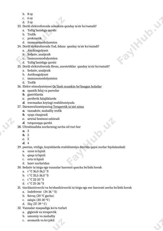 a. 3 b. 5 c. 2 d. 4 29. psoriaz, vitiligo, kuyishlarda reabilitatsiya davrida qaysi nurlar foydalaniladi a. uzun to`lqinli b. qisqa to`lqinli c. orta to`lqinli d. lazer nurlaridan 30. sedativ ta'sirga ega vannalar harorati qancha bo`lishi kerak a. t 0 c 36,0-36,5 0 s b. t 0 c 35,5-36,0 0 s c. t 0 c 22-23 0 s d. t 0 c 25-26 0 s 31. tinchlantiruvchi va bo`shashtiruvchi ta'sirga ega suv harorati necha bo`lishi kerak a. indeferent (34-36 ° s) b. sovuq (20 °c gacha) c. salqin (20-30 °c) d. iliq (37-39 ° c) 32. vannalar maqsadiga ko`ra turlari a. gigienik va terapevtik b. umumiy va mahalliy c. aromatik va ko'pikli d. umumiy va aromatik 33. gidroterapiya muolajalari qo'llash mumkin bo'lgan holatlar: a. og'ir ateroskleroz, b. yurak etishmovchiligi, c. gipertonik kriz, d. tanani chiniqtirish. skoliz. 34. isitgichlarni qo'llash mumkin bo'lmagan holatlar a. qorin bo'shlig'idagi o'tkir yallig'lanish jarayonlari (o'tkir …
