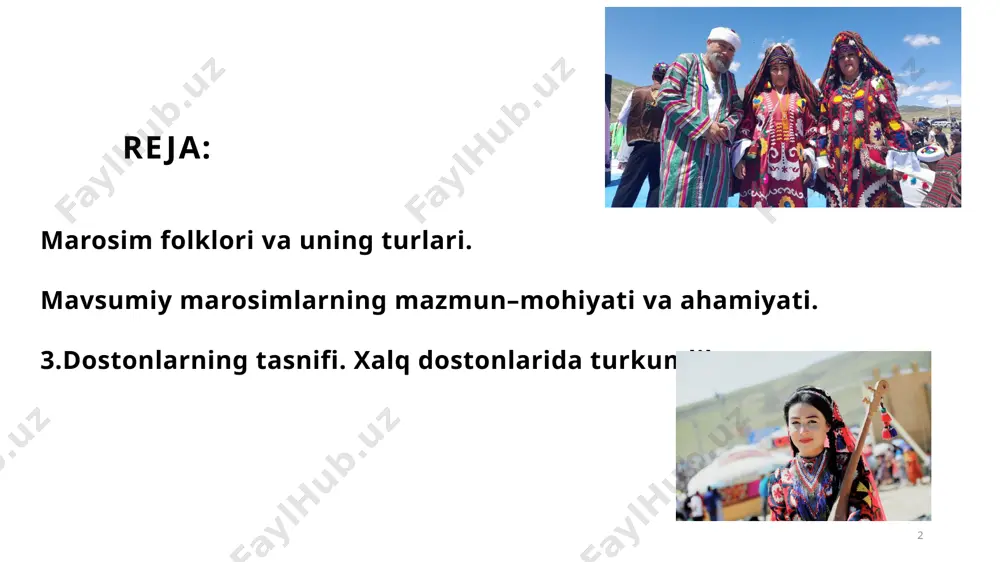arga mustaqillik bayrami, navro‘z bayrami, iydi ramazon, iydi qurbon, hosil bayramlari nisbat beriladi. umumxalq bayramlari butun mamlakat miqyosida nishonlanadi. har bir oila bunday marosimlarga o‘zining hissasini qo‘shishga harakat qiladi. 9 xalq tajribasidan o‘tib, an’anaviy tus olgan oilaviy marosimlar, asosan, uch turdan iborat bo‘ladi. ularni to‘y, motam, biror oila a’zosi hayotidagi muhim voqea (kasaldan tuzalish, ilmiy daraja olish, haj safarini bajo keltirish va boshqalar)ning ro‘y berishi munosabati bilan o‘tkaziladigan yig‘inlar tashkil etadi. oilaviy marosimlar. 10 заголовок презентации 11 to‘y marosimi ham to‘y olib kelish, indovchi yuborish, ziyofat berish, yor-yor aytish, tortishmachoq, ayrim viloyatlarda kampir o‘idi, qo‘l silatdi kabi qator kichik sahnali marosimlardan iborat bo'ladi. aslini olganda, har bir to‘y kelin va kuyov yashaydigan hudud aholisi tomonidan yillar davomida o‘ylab topilgan sahna - ssenariy asosida o‘tkaziladi. 11 12 to‘y davomida kelin gulxan atrofida aylantiriladi. bu udum payti yor-yor aytib turiladi. yor-yor tugagach, navbat kelin salomga keladi. toshkent va ayrim boshqa hududlarda kelin …