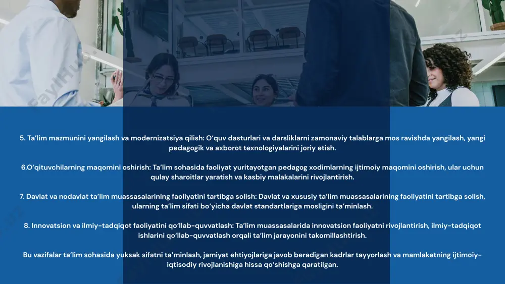 arining qiziqishlari va kelajakdagi kasblariga muvofiq bilim oladilar. oliy ta’lim: oliy ta’lim universitetlar, institutlar, akademiyalar va boshqa oliy o‘quv yurtlarida amalga oshiriladi. u bakalavriat, magistratura va doktorantura kabi darajalarni o‘z ichiga oladi. uzluksiz ta’lim va malaka oshirish: uzluksiz ta’lim tizimi doirasida kasbiy malaka oshirish va qayta tayyorlash dasturlari mavjud. bu tizim mutaxassislarning bozor talablari asosida o‘z bilim va ko‘nikmalarini yangilash imkoniyatini beradi. bu tizim va tamoyillar ta’limning barcha bosqichlarini qamrab olib, insonning hayot davomida rivojlanishi va kasbiy o‘sishi uchun imkoniyatlar yaratadi. e'tiboringiz uchun rahmat!!! image1.png image2.svg image3.jpeg image4.jpeg image5.png image6.svg image7.png image8.jpeg image9.png image10.svg image11.jpeg image12.jpeg image13.png image14.svg image15.png image16.svg image17.jpeg image18.png image19.svg image20.jpeg image21.png image22.svg image23.png image24.svg image25.png image26.svg /docprops/thumbnail.jpeg