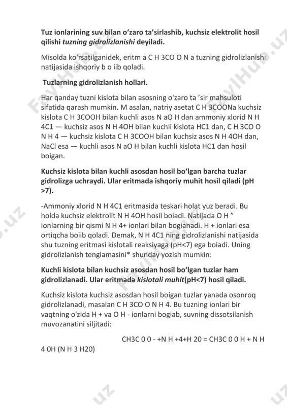 osil boigan. kuchsiz kislota bilan kuchli asosdan hosil bo‘lgan barcha tuzlar gidrolizga uchraydi. ular eritmada ishqoriy muhit hosil qiladi (ph >7). -ammoniy xlorid n h 4c1 eritmasida teskari holat yuz beradi. bu holda kuchsiz elektrolit n h 4oh hosil boiadi. natijada o h ” ionlarning bir qismi n h 4+ ionlari bilan bogianadi. h + ionlari esa ortiqcha boiib qoladi. demak, n h 4c1 ning gidrolizlanishi natijasida shu tuzning eritmasi kislotali reaksiyaga (ph c a(o h )2+ c 2h 2 c12h 20 hc1 + hc10 pj3+ 3 h 20 h 3p 0 3 +3hj minerallarning — alumosilikatlarning gidrolizlanishi natijasida tog‘ jinslari yemiriladi. tuzlarning (m asalan,n a2c 0 3, n a3p 0 4) gidrolizidan suvni tozalash va uning qattiqligini kamaytirish uchun foydalaniladi. yog‘ochning gidrolizi keng k oiam da amalga oshiriladi. jadal rivojlanayotgan gidroliz sanoati ovqat boim aydigan xom ashyodan (yog‘och, paxta shulxasi, kungaboqar po‘chog‘i, poxol, makkajo'xori o ‘zagi) qator qimmatli mahsulotlar: …