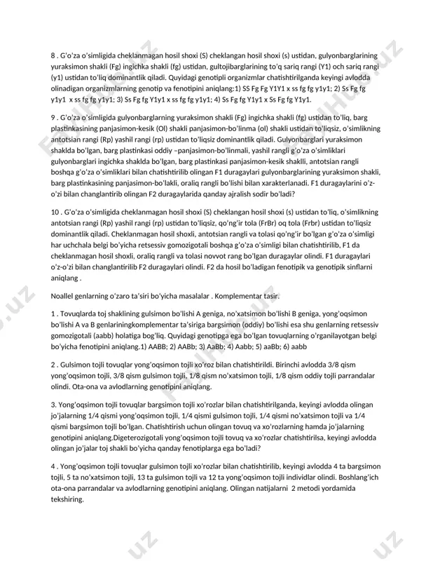 etli bo‘lishi retsessiv genga bog‘liq. ikki gen ham har xil autosoma xromosomalarida joylashgan. ota-ona o‘simliklarining genotipi qanday bo‘lganda avlodda 1:1:1:1nisbatda ajralish olinadi? 10.bangidevona o‘simligining gullari shakli normal (ikki bo‘lakka bo‘lingan) va qo‘shilgan bo‘ladi. ranglari bo‘yicha qizil, pushti va oq rangli bo‘ladi. ikkala juft belgini yuzaga chiqaruvchi genlar turli xil xromosomalarda joylashgan bo‘lib, normal shakl qo‘shilgan shaklga nisbatan dominantlik qiladi. pushti rang esa qizil va oq gullarni chatishtirganda namoyon bo‘ladi. pushti rang, shakli ikkiga bo‘lingan va har ikkala belgisi bo‘yicha geterozigotali itog‘iz o‘simliklari chatishtirilganda fenotipda qanday ajralish namoyon bo‘ladi, nechta fenotipik sinf hosil bo‘ladi? poliduragay chatishtirishga doir masalalar. 1. noʻxat donining sariq rangi ( a ) yashil rangi ( a ) ustidan tekisligi ( b ) burishganligi ( b ) ustidan , gultojibargining qizil rangi ( c ) oq rangi ustidan dominantlik qiladi . quyidagi chatishtirishlarning qaysi birida faqat sariq tekis hamda qizil va sariq burishgan duragaylar olish mumkin . a …