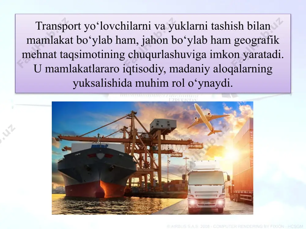 2–3 kishigina boshqaradi. holbuki, 125 tonna yuk ko‘taradigan eng katta avtomobilni ham shuncha kishi boshqaradi. katta hajmli 100 minglab tonna yuklarni suv transporti (tanker)da tashilganda esa yo‘l xarajati yana ham arzon tushadi. suv transporti boshqa transportlardan sekin harakat-lansa-da, olis masofani to‘xtovsiz bosib o‘tadi.shu sababli tezligi katta, ammo stansiyalarda to‘xtab-to‘xtab harakatlanadigan poyezd bilan raqobatlasha oladi. yukni temiryo‘l va suv transportida bevosita egasiga yetkazish imkoniyati ancha cheklangan. avtomobilda esa istalgan joyga yetkazib bersa bo‘ladi. transportning ishi uning yuk tashish hajmiga qarab belgilanadi. yuk tashish hajmi ma’lum vaqtda ma’lum masofaga tashilgan yuk miqdoridir. u tonna, kilometrda ifodalanadi (71-rasm). transport turlari qanday yuk tashishiga, harakat tezligiga, shuningdek, qancha yuk ko‘tara olishiga ko‘ra guruhlanadi. transport sanoat bilan qishloq xo‘jaligining ishlab chiqarish aloqalarini, turli hududlar o‘rtasidagi mahsulot almashinishini hamda tashqi savdoni ta’minlaydi. yangi hududlarni o‘zlashtirishda daf’atan transport yo‘llari o‘tkaziladi. hozirgi zamon shaharlari hayotini transportsiz tasavvur qilib bo‘lmaydi. transportning mudofaa ahamiyati ham juda katta. transport iqtisodiyotning ana …