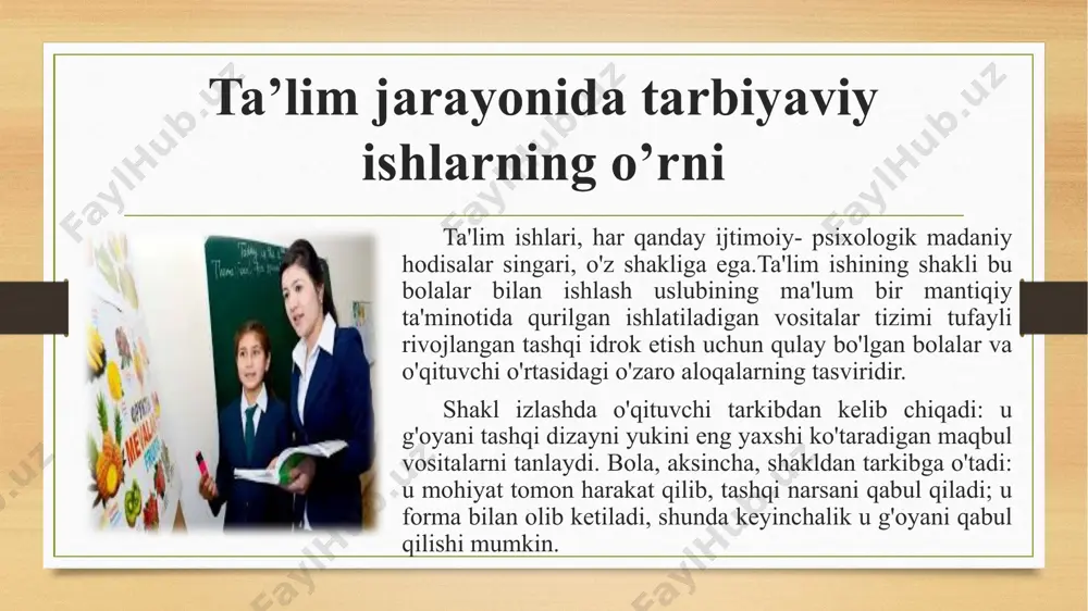 ilgan adabiyotlar ro‘yxati i. manbalar o‘zbekiston respublikasining “ta’lim to‘g‘risida”gi qonuni / barkamol avlod –o‘zbekiston taraqqiyotining poydevori –t.: sharq nashriyot-matbaa konserni, 1997. 20-29 b. o‘zbekiston respublikasining “kadrlar tayyorlash milliy dasturi” barkamol avlod - o‘zbekiston taraqqiyotining poydevori.- t.: sharq nashriyot-matbaa konserni, 1997, 31-61-b. ii. adabiyotlar mavlonova r.,o`to`raeva,k.xoliqberdiev.pedagogika.-t.:"o`qituvchi", 2002. mavlonova r., b. normurodova, n. rahmonqulova, tarbiyaviy ishlar metodikasi.- t.:"tib-kitob", 2010. ortiqov n.o., jo’rayev a.j. maktab, oila va jamoatchilik hamkorligi kengashi. t.:“o’qituvchi”, 1989. m.imomova. oilada bolalarning ma‘naviy-axloqiy tarbiyasi. – t., 1999. j.yo’ldoshev. o’quvchi ma‘naviyatini shakllantirish. – t., «sharq», 2000. r.mavlonova, o.to’raeva, k.xoliqberdiev. pedagogika. –t., iii. internet - resurslari w.w.w. ziyonet . uz w.w.w. pedagog. uz arxiv.uz www.bilimdon.uz www.ziyo net.uz image5.png image6.png image7.png image8.png image9.png image10.png image11.png image3.png image4.png /docprops/thumbnail.jpeg