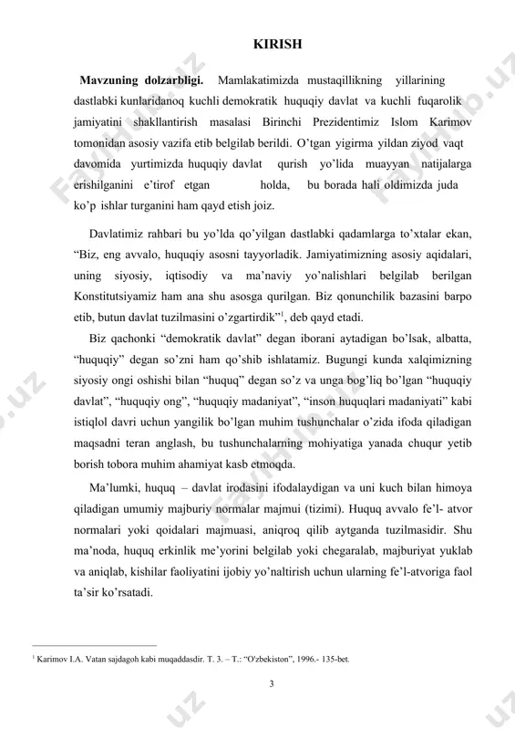 siyo yoshlari kun tartibi-2030” dasturi ishlab chiqilishi maqsadga muvofiq. o‘zbekiston respublikasi prezidenti e’tirof etganidek, jamiyatda xotin- qizlarning davlat boshqaruvida faol ishtirok etishi bugungi kunning dolzarb masalasidir. davlat va milliy siyosat markazida turadigan eng ezgu maqsad – oilalar mustahkamligini, ayollarimizning huquqiy himoyasi va osoyishta hayotini ta’minlashdan iborat. prezident shavkat mirziyoyev bmt minbaridan yurtimizda gender tenglikka erishish borasida tizimli ishlar olib borilayotgani to‘g‘risida batafsil gapirdi. o‘tgan yil oliygohga qabul qilingan talabalarning 49 foizini qizlar tashkil etdi. xotin- 2 o‘zbekiston respublikasi prezidenti shavkat mirziyoyev birlashgan millatlar tashkiloti bosh assambleyasi 78-sessiyasida so‘zlagan nutqidan qizlarning davlat boshqaruvidagi ulushi esa birinchi marta 35 foizga yetdi. ayollar va voyaga yetmaganlarni zo‘ravonlikdan himoya qilish maqsadida alohida qonun qabul qilindi. shuningdek, xotin-qizlar o‘rtasida kambag‘allika barham berish va ayollarni manzilli ijtimoiy qo‘llab-quvvatlash maqsadida “ayollar daftari” dasturi joriy etildi. so‘nggi 3 yilda mamlakatimizda 2 milliondan ko‘p ayol va qiz shunday yordam bilan qamrab olindi. oila va ayollarni qo‘llab-quvvatlash maqsadida maxsus jamg‘arma …