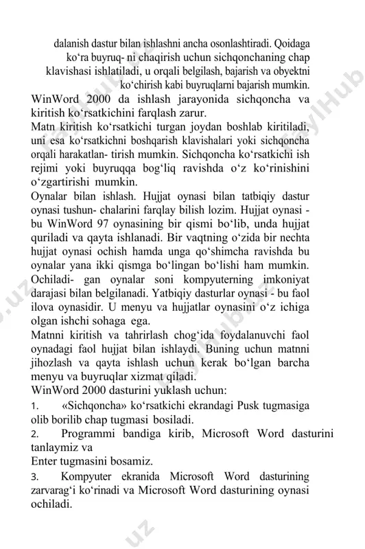 ovalarning piktogrammalari doimo ko‘rinib turadi, shuning uchun ulardan ixtiyoriysiga sichqoncha yordamida o‘tish mumkin. windows 98 masalalar paneli sarlavha satrida tatbiqiy dasturning nomi joylashadi. agar hujjat oynasi to‘la oyna holatiga keltirilgan bo‘lsa, u holda sar- lavha satrida ushbu hujjat nomi ham ko‘rsatiladi. boshqa hollarda hujjat windows operaısion sisıemasining amaliy dasıurlari ulardan foydalanish nomi mos oyna sarlavha satrida beriladi. agar yangi hujjatga nom berilma- gan bo‘lsa, u holda doimiy qabul qilingan birinchi hujjat uchun документ 1, ikkinchisi uchun документ 2 va hokazo nomlar beriladi. bundan tashqari, sarlavha satrining o‘ng burchagida oyna ko‘rinishini tanlash uchun uchta klavisha joylashgan. bulardan chapdan birinchisi oynani piktogrammaga aylantirish, ikkinchisi masalalar panelida joylashtirish, ya’ni to‘la oynaga yoki asl holiga keltirish va uchinchisi oynani yopish vazifalarini bajaradi. sarlavha satrini sichqoncha bilan ikki marta bossak, u holda oyna to‘liq bo‘lsa asl holiga va, aksincha, asl holida bo‘lsa to‘liq holga o‘tadi. asl holdagi oynani sarlavha satridan sichqoncha bilan ushlagan holda ekranning …