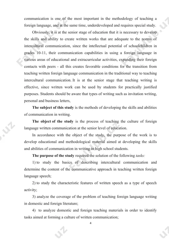 nd abilities of communicative written speech; 6) develop tasks and exercises and experimentally test their effectiveness in the process of teaching the culture of foreign language written communication of high school students. taking into account the foregoing, this study puts forward the following hypothesis : a communicative approach in teaching written speech will be effective if: - the main goals and objectives of training are formed; - the content of the training corresponds to the interests and communicative needs of students in the field of foreign language writing; - the learning process is based on educational and methodological material, which presents exercises aimed at developing the skills and abilities of written communicative speech. to solve the tasks and test the hypothesis, the following methods of scientific research were used: 1) study and analysis of literature on this issue; 2) observation of the educational process in the course of work at …