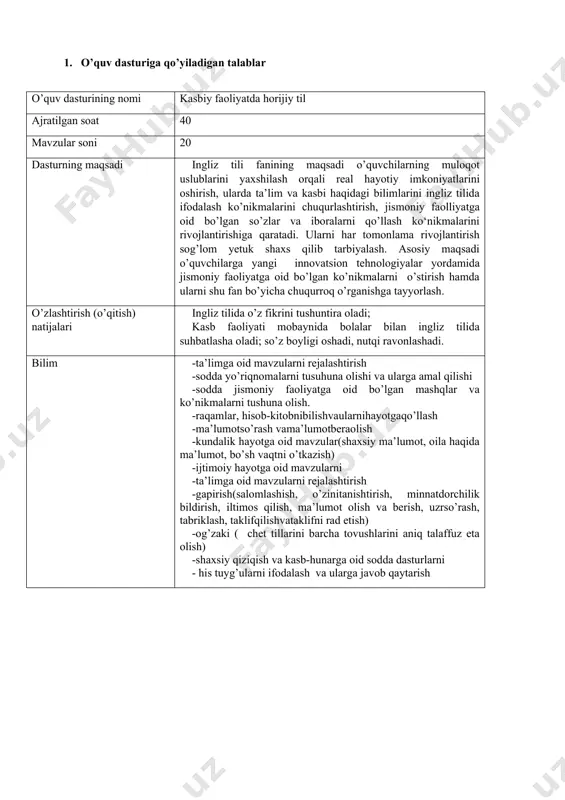 i yasalishi haqida tushunchalar berish.olmoshlarning turlari va yasash usullarini o’rganish va mavzuga oid grammatik mashqlar bajarish. 2 a 5 6 articles. prepositions artiklar haqida ma’lumot berish, slayd asosida tushuntirish, kichik guruhlarda ishlash. predloglar haqida ma’lumot berish. ularning turlari va qo’llanilishi. qo’llanish tartib qoidalari. o’tilgan mavzu yuzasidan garammatik mashqlar bajarish. 2 a 7 adjectives ingliz tilida sifatlarni o’rganiladi, guruhlarda kichik guruh tashkil etiladi, savol javob o’tkaziladi, metodlardan foydalaniladi. 2 a 8 modal verbs modal fe’llar haqida tushuncha beriladi, ko’p qo’llaniladigan iboralar bilan tanishtiriladi, mashqlar bajariladi, savol javob qilinadi, kichik guruhlarda ishlanadi, slayd ko’rsatiladi. 2 a 9 time and conditional clauses yangi mavzu bilan tanishtiriladi, yangi so’zlar o’rganiladi. mavzuga oid , grammatik mashqlar bajarish. 2 a 10 infinitive/gerund second conditional mavzu haqida ma’lumot berish, ishlatilishi. mavzuga oid grammatik mashqlar bajarish. mavzu haqida ma’lumot berish, yasalish va ishlatilish holatlarini tushuntirish. mavzuga oid grammatik mashqlar bajarish 2 a 11 pronouns olmoshlar haqida umumiy ma’lumot …