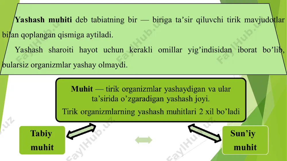 roratda yashay olmaydi. termofil qiskichbaqasimonlar qaynoq buloklarda yashaydi, lekin harorat 30° dan pastga tushganida halok boʻladi. kriofillar (yun. kryos — sovuq, muz) — turgʻun past haroratda yashovchi organizmlar. kriofillarga janubiy va shimoliy qutb dengizlarida (ignaterililar, baliqlar, mollyuskalar), sovuq suvli daryo va soylarda (gulmoyi baliq, ayrim planariyalar va boshqalar), shuningdek, shimoliy kengliklar va baland togʻlarda hayot kechiradigan hayvonlar kiradi. arktika dengizlarida yashovchi ayrim baliqlar qonida suyuqlikning muzlash nuqtasini pasaytiruvchi moddalar (biologik antifrizlar) boʻladi. kriofillarga erigan qor suvlari, muz va qor ustida yashaydigan organizmlar (bir hujayrali suvoʻtlar, krioplankton, ayrim chuvalchanglar, hasharotlar) ham kiradi. kriofil oʻsimliklar kriofitlar deb ataladi. poykiloterm gomoyoterm poykiloterm hayvonlar (yun. poikilos — har xil, oʻzgaruvchan va therme — issiq) — sovuq qonli, tana harorati tashqi muhit harorati taʼsirida oʻzgarib turadigan hayvonlar. poykiloterm hayvonlarga barcha umurtqasizlar, baliqlar, suvda va quruqlikda yashovchilar, sudralib yuruvchilar kiradi. poykiloterm hayvonlar tanasi harorati tashqi muhitga nisbatan 1—2° yuqori yoki tashqi muhitga teng. gomoyoterm hayvonlar (gomo... …