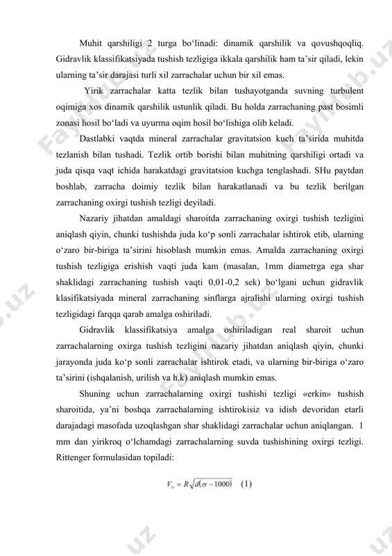 da: a - son koeffitsienti (suv uchun a = 1,146, havo uchun a=40,6) bu formulalar orqali hisoblangan sharsimon shakldagi zarrachalarning suvda oxirgi tushish tezligi amaldagi bilan bir xil chiqmaydi, chunki yanchishdan keyin gidravlik klassifikatsiyaga shuncha zarrachalar boshqa yassi, burchakli, dumaloqlangan, cho‘zinchoq va h.k. shaklga ega bo‘ladi. shuning uchun bunday zarrachalarning tushish tezligi nazariydan ancha kichik bo‘ladi. biroq tajriba natijalari asosida aniqlanishicha, noto‘g‘ri shakldagi zarrachalarning tushish tezligini aniqlash uchun (1) – (3) formulalarga tegishli tuzatish koeffitsientlari kiritilsa, shar shaklidagi zarrachalarga tegishli tushish qonunlaridan foydalanish mumkin. gidravlik klassifikatsiya natijasida olinadigan sinflar teng tushuvchi, ya’ni har xil zichlikka va o‘lchamga ega, lekin bir xil tezlikda tushuvchi zarrachalardan iborat. bir xil tezlikda tushuvchi har xil zarrachalar diametrlarining nisbati teng tushish koeffitsienti deyiladi. v0i orqali diametri de va zichligi е bo‘lgan engil mineral yirik zarrachasining oxirgi tushish tezligini; v0ii orqali esa diametri d0 va zichligi 0 bo‘lgan og‘ir mineral mayda zarrachasining oxirgi tushish tezligini belgilaymiz. …