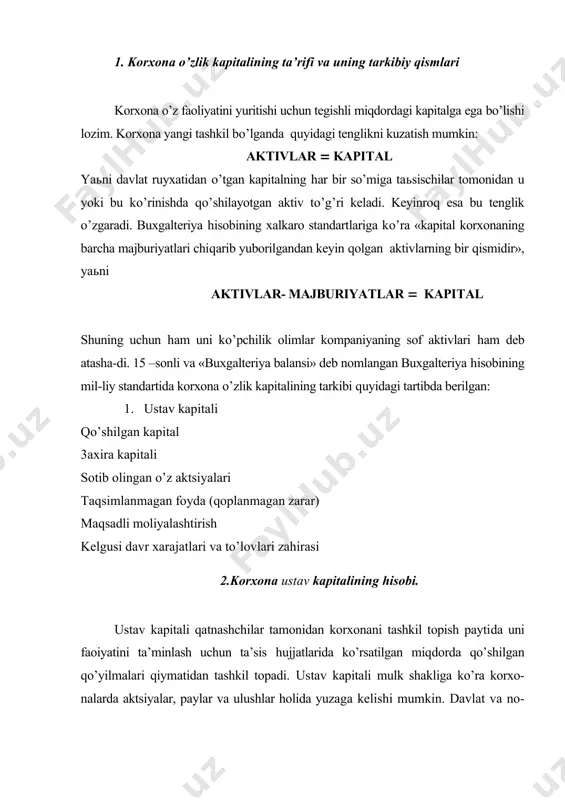 a ustav kapitali o’rniga belgilangan tartibda ustav jam-g’armasini shakllantiradilar. ustav kapitali (jamg’armasi)ning summasi ta’sis shartnomasi va korxona ustavida ko’rsatilgan bo’ladi. korxona tegishli tashkilotlarda davlat ro’yxati-dan o’tganidan keyin uning ustav kapitalini buxgalteriya huj​jatlarida aks etti-rish zaruriyati tug’iladi. yangi hisobvaraqlar rejasiga ko’ra ustav kapitalini hi-sobga olish va qatnashchilarning ulushlari bo’yicha korxona oldidagi qarzla-rining hisobini amalga oshirish uchun quyidagi hisobvaraqlar ko’zda tutilgan: «oddiy ak-tsiyalar»; «imtiyozli aktsiyalar»; «pay va ulushlar», «muassislarning ustav kapitali (fondi)ga badallar bo’yicha qarzlari» ustav kapitalining tarkibi korxonaning tashkiliy-huquqiy shakliga bog’liq bo’ladi. shuning uchun turli tashkiliy-huquqiy shakldagi korxonalarda ustav kapitalini yuzaga kelish jarayonini misollar yordamida ko’rib chiqamiz. хususiy mulkchilikka asoslangan korxonalarda ustav kapitali hisobi. bunday korxonalarda ustav kapitali summasi davlat ro’yxatiga olinganidan keyin ta’sis hujjatlarida keltirilgan miqdorda buxgalteriya hisobida aks etti-riladi. masalan, tadbirkor dilafro’z abdullaeva xususiy mulkka asoslangan va us-tav kapitali 500000 so’mni tashkil qilgan o’z korxonasini davlat ro’yxatidan o’t-kazdi. bu xo’jalik muomalasi buxgalte​riya hisobida quyidagicha aks ettiriladi: dt «muassislarning ustav …
