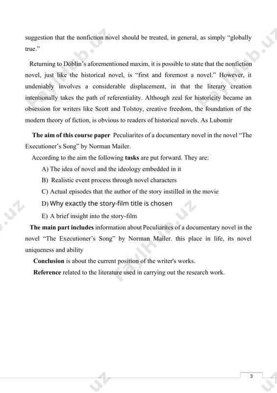 to the literature used in carrying out the research work. main part 1. main images in a documentary novel prior to the executioner’s song, mailer’s outstanding effort at creating a non-fiction novel was the armies of the night (1968), subtitled history as a novel/ the novel as history on behalf of the anti-vietnam war march in october 1967, in which mailer himself took part. in order to make his novels more believable he used the transcripts from tapes and movies made of his own participation in the event in washington. presumably, flis mentioned that the armies of the night is a book of highly metaphorical literary journalism that employs a dual, schizophrenic narrator. the author uses the third-person narration, as well as, a “split” narrator, mailer, the participant, and mailer, the commentator. author divides the entire book into two parts about the same length and entitles them as “western voices” …