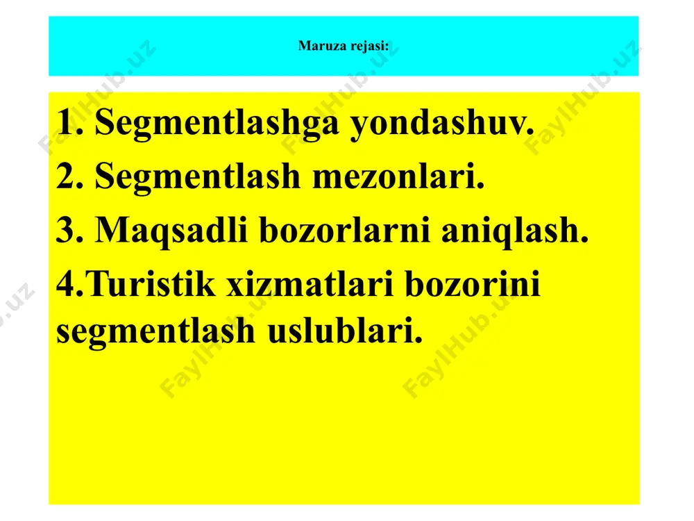 ing majmuasini ishlab chiqish. bozorni segmentlash bu bozorni iste’molchilar talablarining umumiyligi bilan tavsiflanadigan qismlarga taqsimlash. bu segmentlarning har biri maqsadli bozor sifatida tanlanishi mumkin. undan keyin alohida tovar va berilgan segmentning majmuali marketingni ishlab chiqish kerak bo‘ladi. bozor segmenti — bu iste’molchilar tovarga bir xil talab qo‘yadigan bozorning bir guruhidir. bozor segmentining ichki tuzilishi doimiy xaridorlar yashirin xaridorlar tasodifiy xaridorlar 2-savol segmentlash mezonlari bozor segmentatsiyasining mezonlari mijozlarni ularning yashash joylariga qarab bo‘linadi (mamlakat, viloyat, shahar, iqlim, hudud). geografik segmentatsiya mijozlarni ularning yosh, jinsi, oilaviy holati, ta’lim darajasi, daromad darajasi kabi demografik xususiyatlariga qarab bo‘linadi. demografik segmentatsiya mijozlarni ularning turmush tarzi, qadriyatlari, qiziqishlari va shaxsiyati asosida bo‘linadi. psixografik segmentatsiya mijozlarni ularning mahsulot yoki xizmatni qanday ishlatishlari, sotib olish odatlari va sodiqlik darajasi asosida bo‘linadi. xulq-atvorga asoslangan segmentatsiya 13 geografik segmentatsiya geografik segmentatsiya iste’molchilarni ularning yashash joyiga, hududiy xususiyatlariga qarab bo‘lishni o‘z ichiga oladi. yashash joyiga qarab odamlarning ehtiyojlari, iqlimga mos mahsulotlarga …