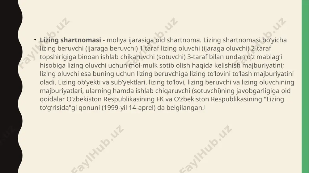 h vositasida tahlil etish hamda taʼminlashning samarali sxemasini chuqur ishlab chiqish orqali kamaytirish mumkin. lizing predmetini yoʼqotish bilan bogʼliq riskni lizing mulkini sugʼurtalash orqali samarali tarzda pasaytirish mumkin. ikkilamchi bozorda sota olmaslik riskini lizing beruvchi va yetkazib beruvchilar orasida mulkni qayta sotib olish yoki qayta sotish haqida shartnoma tuzish orqali minimallashtirish mumkin. lizingni moliyalashtirish shubhasiz, buning asosiy afzalliklaridan biri ijara shartnomalarining turi siz qo'shimcha mablag 'sarflamasdan 100% moliyalashtirishingiz mumkin. xuddi shu diapazonda ham kamchiliklardan biri shundaki, kelishilgan muddatdan oldin shartnomani bekor qilish mumkin emas va kelishilgan mahsulotning oxirgi siljishi ham bo'lmaydi. mulkni sotib olishga kirish uchun ijaraga beruvchi bilan shartnoma tuzilishi kerak. ya'ni agar menda bo'lsa lizing shartnomasi bu 6 yil davom etadi, lekin men o'z mol-mulkimni 3 yil ichida sotmoqchiman, menga buni ijaraga beradigan kompaniya yoki shaxsga o'z roziligini berishlari kerak. bunday holda, muddatidan oldin bekor qilishni amalga oshirish uchun avtorizatsiya berilishi mumkin. odatda muddatidan oldin bekor qilingan taqdirda …