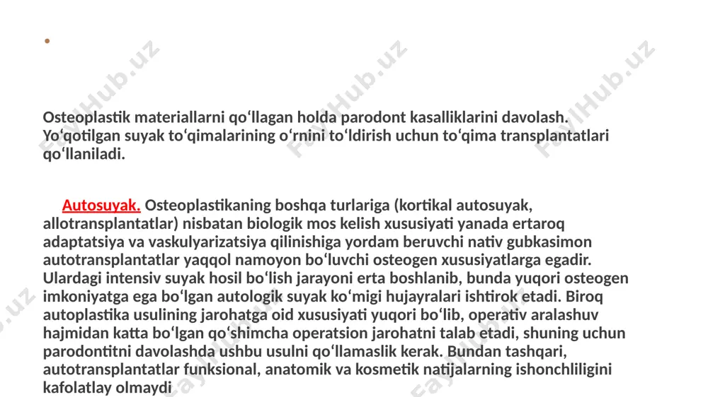lishi uchun, uni gidroksilapatit (ga) bilan birga qo‘llaniladi. masalan, mikrokristallik material asosidagi "avitene" preparati o‘zida kalsiy-fosfatli keramikani saqlaydi. pishiqlikni oshirish uchun sintetik tolalar (neylon) qo‘shiladi. gidroksilapatit. implantatsiya joyida reparativ osteogenezni tezlashtirish maqsadida kalsiy-fosfatli keramikaning qo‘llanilishi bo‘yicha tadqiqotlar 1920 yildan boshlab o‘tkaziladi. biroq, yuqori nisbiy maydonga ega bo‘lgan ushbu preparatlarni klinik amaliyotda qo‘llagan vaqtda suyak bitishi jarayonining sekin kechishi yoki umuman bo‘lmasligi aniqlangan. ushbu sharoitdan kelib chiqqan holda, klinik maqsadlar uchun implantat sifatida qattiq kalsiy-fosfatli keramika namunalarini qo‘llash ustun turdi. gidroksilapatit asosidagi materiallar shartli ravishda ikkita asosiy turga bo‘linadi: 1) so‘riluvchan gidroksilapatit, u o‘z navbatida quyidagilarga bo‘linadi: mayda zarrali kukunlar, masalan ostim-100 va so‘riluvchan ga kukunlari, xususan ga-100; 2) yuqori haroratli keramika (so‘rilmaydigan) bo‘lib, uning tarkibiga kukunlar, (gidroksiapol), granulyatlar va blokli keramikalar kiradi. so‘riluvchan ga xona haroratida suyuq fazali reaksiyada sintezlanib, past kristallilik, yuqori sorbsion xususiyat, biologik muhitda nisbatan yuqori so‘riluvchanligi bilan xarakterlanadi. so‘rilmaydigan ga 800-10000s da isitilgandan so‘ng olinib, bunda …