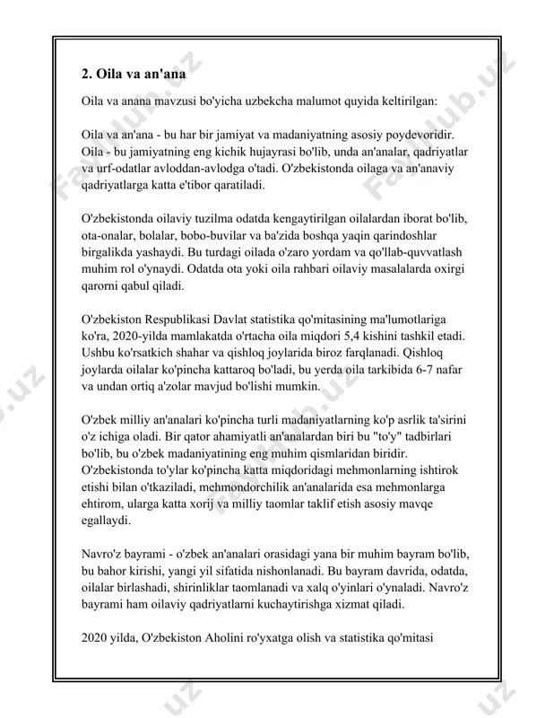 -yilda oziq-ovqat mahsulotlari istemoli boyicha otkazilgan tadqiqotlar natijalariga kora, har bir oila ortacha har oyda 300,000 somni oziq-ovqat mahsulotlariga sarflagan. oila ham ijtimoiy talim muhitidir. bu yerda bolalar birinchi marta ijtimoiy qoidalar va qadriyatlar bilan tanishadilar, axloqiy meyorlar va etiket qoidalarini organadilar. 2019-yilda otkazilgan tadqiqot natijalariga kora, ota-onalarning 70% dan ortigi farzandlari bilan aktiv ismli ravishda shugullangan va ularga asosiy bilimlarni berishga harakat qilgan. oila jamiyatdagi ijtimoiy nazorat mexanizmlaridan biri sifatida ham xizmat qiladi. u jamiyatda mavjud tartib-qoidalar va meyorlarga rioya qilishni taminlaydi. 2020-yili otkazilgan sorovnoma natijalariga kora, oilalarning 80% dan ortigi oz farzandlari xulq-atvorini nazorat qilish zarurligini qayd etgan. oila azolari ortasidagi munosabatlar insonning psixologik holati va sogligiga tasir korsatadi. statistikaga kora, 2020-yilda psixologik maslahatlarga murojaat qilganlarning 60% dan ortigi oilaviy muammolar sababidan bunday xizmatlardan foydalangan. oilada ishonchli va qulay muhit yaratish insonlarning umumiy hayotiy qoniqishini oshiradi. oziq-ovqat va energiya resurslarini samarali istemol qilishda oilaning roli katta. oila masrafini …