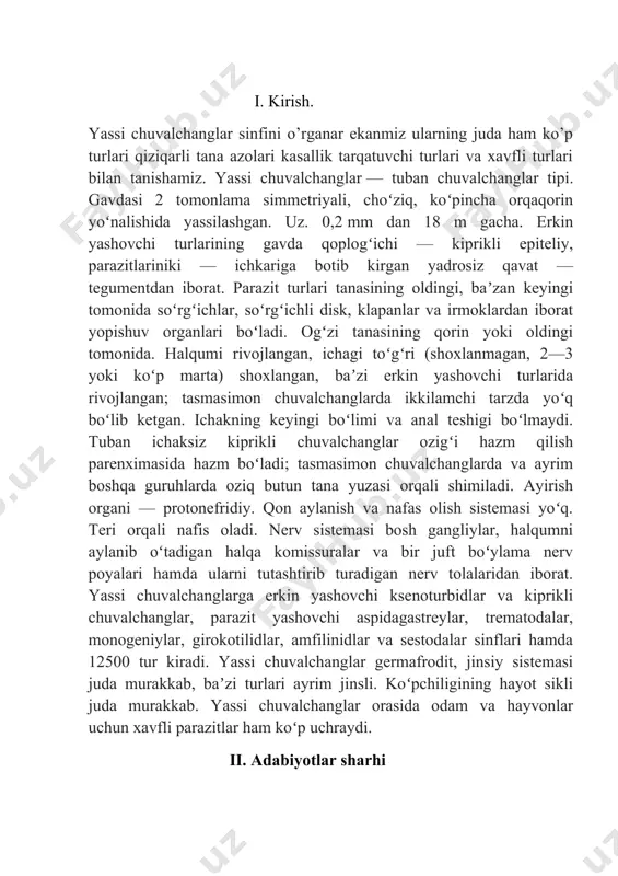chta bo’ylama nerv tolalaridan iborat. bo’ylama nerv tolalari o’zaro halqa ko’rinishidagi ko’ndalang komissuralar bilan tutashgan. yassi chuvalchanglarning aksariyati germafrodit, ayrim turlarigina ayrim jinsli bo’ladi. jinsiy sistemasi ancha murakkab tuzilishga ega. unda barcha bo’lim va organlar aniq shakllangan. tip 16 mingdan ko’proq turni o’z ichiga oladi va 5 ta sinfga, ya’ni kiprikli chuvalchanglar, so’rg’ichlilar, monogenoidlar, tasmasimon chuvalchanglar va sestodsimonlarga bo’linadi. 1. yassi chuvalchanglar tipiga eng tuban tuzilgan uch qavatli bilatеral hayvonlar kiradi. bularning tavsifi: 1. gavdasi orqa-qorin tomoniga (dorzovеntral) qarab juda ham yassilashgandir. 2. tеri muskul qopchasi bor. 3. bularda gavda bo’shligi organlar o’rtasidagi hamma bo’shliqlari parеnxima dеb ataladigan alohida g’ovak to’qimalar bilan to’lgan, shuning uchun bularga ko’pincha parеnximatoz chuvalchanglar dеb ataladi. 4. bularda ovqat xazm qilish sistеmasi oldingi ichak - ektodеrma bilan qoplangan va orqa ichak shoxlangan uchi bеrk endodеrmadan iborat, ba'zilarida ichagi yo’q - solitеrlarda. 5. bularda ayiruv organlar sistеmasi bo’lib, orqa chiqaruv tеshqi va orqa ichak bo’lmaydi. 6. …
