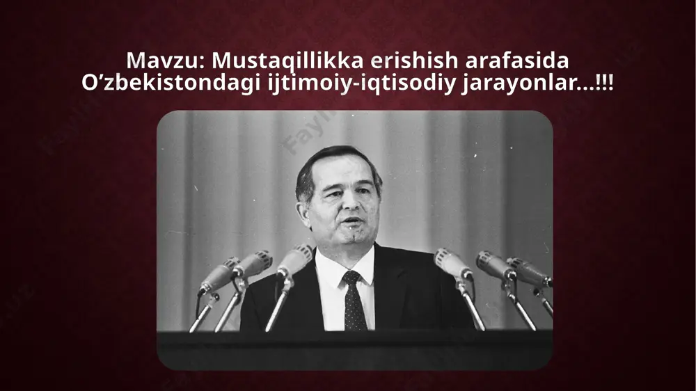 turgan maqsad va vazifalarni ko`rsatib berdi mustaqil demokratik respublikasining tashkil topishi jahanshumul tarixiy ahamiyatga ega bo`ldi. xalqning asrlar davomidagi mustaqillik uchun kurashi ruyobga chiqib, mamlakatda huquqiy, demokratik jamiyat shakllanishiga shart-sharoit yaratildi. o`zbekistonning boy imkoniyatlarini xalq turmushini yaxshilash uchun foydalanishga keng imkoniyatlar ochildi. eng asosiy natijalardan yana biri — xalqning tarixiy, ma`naviy qadriyatlarini tiklash imkoni yaratildi. o`zbekistonda mustaqillik sharoitida siyosiy va iqtisodiy qayta qurishlar amalga oshirila boshlandi, birinchi navbatda mustaqil davlatning huquqiy asoslari yaratildi. 1991 yil 18-noyabrda respublika oliy kengashi viii sessiyasi 1991 yil 29-dekabrda o`zbekiston respublikasi prezidentligiga saylov va mustaqillik g`oyasini butun xalqning muhokamasidan o`tkazish to’g`risida qaror qabul qildi. 29-dekabr kuni muqobillik asosida o`tkazilgan saylovda islom abdug`aniyevich karimov nomzodiga saylov qatnashchilarining 86 foizidan ko`prog`i o`z ovozini berdi. har bir mustaqillikka erishgan davlat o`z ramzlariga ega bo`lishi kerak. 1991 yil 18 noyabrda respublika oliy kengashining viii sessiyasida o`zbekiston dalvat bayrog’i tasdiqlandi. uning belgilari mamlakatimiz hududidagi qadimda mavjud bo’lgan yirik saltanatlarning tog`laridagi …
