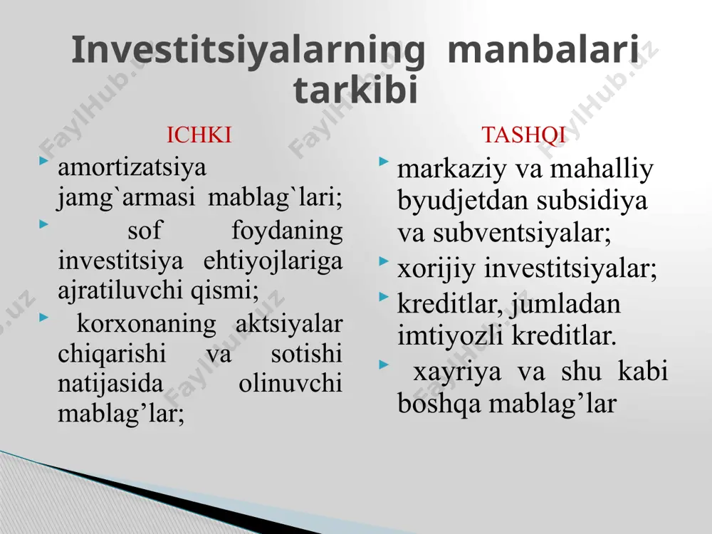 hajmini ta’minlovchi, optimal ishlab chiqarish jarayonini tanlash; - iste’molchilar talabini qondirishga yo’naltirilgan mahsulotni sotish va yuqori daromad (foyda) olish; - aylanma vositalarni tejash imkoniyatini yaratuvchi optimal ishlab chiqarish zahiralarini yaratish. bozor iqtisodiyoti sharoitida raqobatbardoshlik ikki ko’rsatkichga bog’liq: -narx darajasi -mahsulot sifati darajasi. iqtisodiy taraqqiyot natijasida ikkinchi omil asta-sekin birinchi o’ringa o’tadi. mahsulot sifati mehnat unumdorligi va korxonada ishlatiladigan hamma tur resurslarni tejamini belgilaydi . mahsulot sifati – korxona faoliyatining eng muhim ko’rsatkichi hisoblanadi. mahsulot sifatining oshishi – dunyodagi hamma yetakchi firmalarning harakterli asosiy g’oyasi hisoblanadi. ishlab chiqarilayotgan mahsulot sifati – korxonalar orasidagi asosiy raqobatda yengib chiqishni bosh omili hisoblanadi. mahsulot xususiyatlari son jihatdan sifat ko’rsatkichlariga ifodalanadi, ya’ni: -vazifasi ko’rsatkichi -ishonchlilik ko’rsatkichi -texnologiklik ko’rsatkichi -standartlilik va unifikatsiya (bir shaklga keltirish) -erganomik ko’rsatkichlari -estetik ko’rsatkichlari -transportlash ko’rsatkichi -patentli-huquqiy ko’rsatkichlari -ekologik ko’rsatkichlar -xavfsizlik ko’rsatkichlar yuqoridagi barcha sanab o’tilgan ko’rsatkichlar yig’indisi mahsulot sifatini shakllantiradi xulosa qilib aytish mumkinki, korxona ishlab chiqarishni kengaytirish, modernizatsiyalash va …