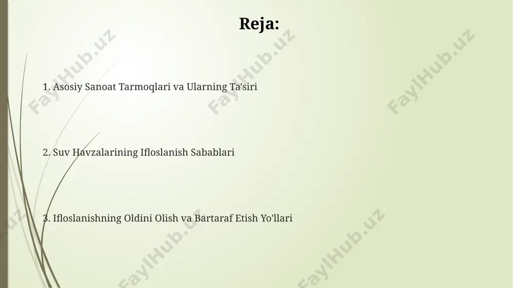 konsentratsiyada kislorod tanqisligiga olib keladi. atmosfera cho'kmasi atmosfera cho'kmasidagi zararli moddalarning 30% dan ortig'i avtotransport vositalaridan chiqadigan chiqindilar hisobiga to'g'ri keladi, bu esa shahar atrofidagi suv havzalarini ifloslantirishda muhim rol o'ynaydi. atmosfera ifloslanishi suv havzalariga yillik 200 ming tonnagacha turli zararli moddalar, jumladan, og'ir metallar va kislotali yomg'irlar orqali kiradi, bu esa suvning sifatini sezilarli darajada pasaytiradi. sanoat korxonalaridan chiqadigan gazlar tarkibidagi oltingugurt dioksidi va azot oksidlari atmosfera cho'kmasining asosiy tarkibiy qismlarini tashkil etadi, bu esa kislotali yomg'irlar hosil bo'lishiga va suv havzalarining kislotaliligiga olib keladi. sanoat korxonalarining ta'siri kimyoviy oʻgʻitlar ishlab chiqarish korxonalari suv havzalariga yiliga oʻrtacha 1000 tonnagacha azot va fosforli birikmalarni chiqarib, suvning eutrofikatsiyasi va kislorod etishmasligiga olib keladi. toʻqimachilik sanoati korxonalarining rangli chiqindilari suv havzalarining rangini oʻzgartirib, quyosh nurlarining suvga kirishini kamaytiradi va suv organizmlarining fotosintez jarayonini buzadi, bu esa 20% gacha biologik xilma-xillikning pasayishiga olib keladi. sanoat korxonalaridan chiqadigan chiqindilardagi yuqori konsentratsiyali ogʻir metallar (masalan, …
