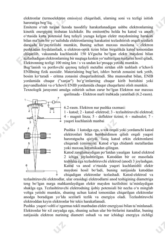 chunki ishlov berish jarayonida ishchi materialning kimyoviy ifloslanishi sodir bo‘lmaydi. materiallarga ishlov berish uchun elektron nurlar texnikasidan foydalanishning muhim jihati katta miqdordagi erkin elektronlar olishning soddaligi. agar metall sim, masalan, tantal yoki volfram simlari vakuumda qizdirilsa, uning sirtidan elektronlar (termoelektron emissiya) chiqariladi, ularning soni va tezligi isitish haroratiga bog‘liq. emiterni o‘rab turgan fazoda tasodifiy harakatlanadigan ushbu elektronlarning kinetik energiyasi nisbatan kichikdir. bu emitent(bu holda bu katod va anod) o‘rtasida katta potensial farq tufayli yuzaga kelgan elektr maydonining harakati bilan ma’lum bir yo‘nalishda elektronlarning harakatini tezlashtirish orqali sezilarli darajada ko‘paytirilishi mumkin, buning uchun maxsus moslama - elektron pushkadan foydalaniladi, u elektron-optik tizim bilan birgalikda katod tomonidan chiqarilib, vakuumda kuchlanishi 150 kvgacha bo‘lgan elektr maydoni bilan tezlashadigan elektronlarning bir nuqtaga keskin yo‘naltirilgan nurlarini hosil qiladi, elektronning tezligi 100 ming km / s va undan ko‘proqqa yetishi mumkin. bug‘lanish va portlovchi qaynoq tufayli metallni sirtdan olib tashlash o‘lchovli enibning fizik asosidir. materialning bug‘lari, …
