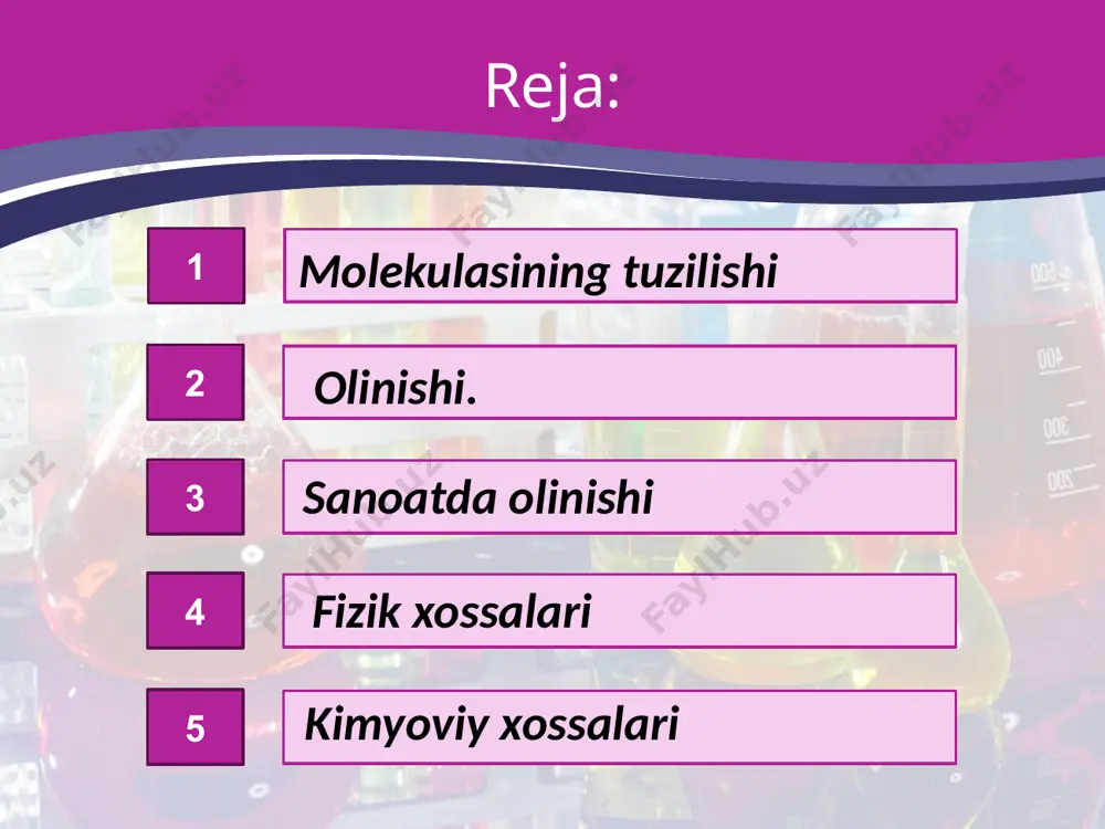 murakkab moddalar ammoniy tuzlari deyiladi. nh4cl, nh4no3, (nh4)2so4, (nh4)3po4; nh4hso4, nh4h2po4, (nh4)2hpo4 ularning o‘ziga xos xossalari quyidagilardir: 1. qattiq qizdirilganda parchalanadi: (nh4)2co3 = 2nh3↑ + h2o + co2↑ 2. ishqorlar ta’sir ettirilganda ammiak ajralib chiqadi: (nh4)2so4 + 2naoh = na2so4 + 2nh3↑ + 2h2o ammoniy tuzlarining barchasi suvda yaxshi eriydigan moddalardir. image2.jpg image3.emf image4.jpeg image5.png image6.png image7.emf image8.jpeg image9.jpeg image10.jpeg image11.jpeg image12.jpeg image13.emf image14.jpeg image15.png image16.jpeg image17.jpeg image18.jpeg image19.jpeg image20.jpeg image21.jpeg image22.png image23.jpeg image24.jpeg image25.png image26.png image27.png image28.emf image1.jpg