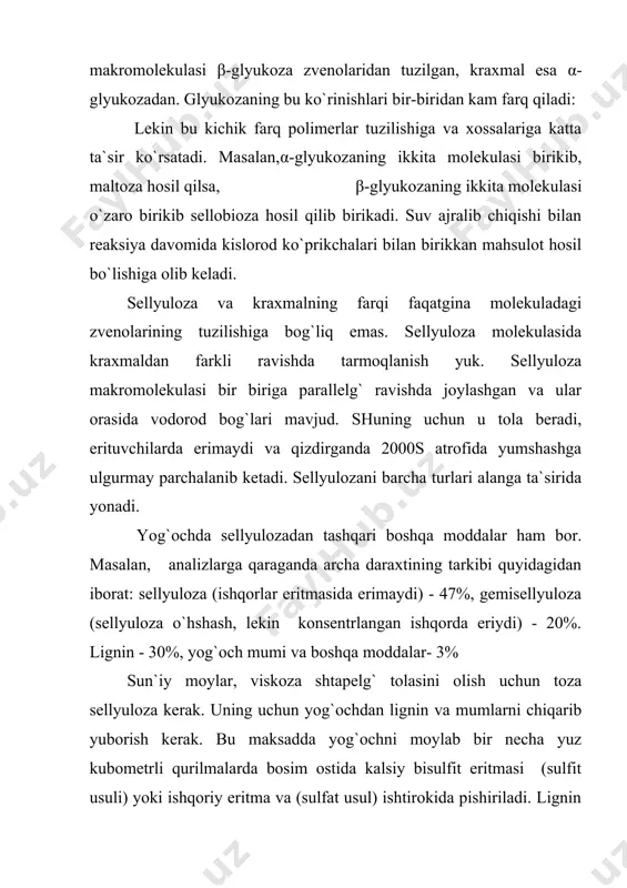 chigit momigidan sellyuloza hosil bo`ladi va sellyulozaga xos bo`lmagan aralashmalar ajratiladi. keyin 3-bosqichga o`zatiladi. bu bosqich yuvish bosqichi bo`lib, ishqoriy sharoitdan neytral sharoitga keltiriladi va oqartirish jarayonida sellyulozaga oqartirish uchun har xil reagentlar ko`shiladi va kuritish jarayoniga o`zatiladi. kuritish uchun aerofontan ryumkalaridan o`tkazilib, pressga uzatiladi va zich qilib taxlanib bog`lanadi. bunday usul bilan tozalangan paxta momig`i tarkibida 98-99% gacha sellyuloza bo`ladi. u tozalangandan keyin ham o`zining dastlabki tola shaklini saklaydi. yog`och va paxta lintidan ajratib olingan sellyulozadan sanoatda har xil yangi polimerlar sintez qilinadi. masalan, sellyulozadagi ishqor eritmasida eritib, undan ishqoriy sellyuloza olinadi. unga uglerod sulfid ta`sir ettirilsa, sellyuloza ksantogenati hosil bo`ladi. sellyuloza ksantogenati sun`iy tola va tinik parda olish uchun ishlatiladi. yog`och sellyulozasidan olingan bu tolalar gidrat sellyuloza tolasi yoki viskoza deb yuritiladi. bu sellyulozadan tayyorlangan pardalar esa sellofon deyiladi. sellyulozaning yana ko`pgina xossalari mavjud. ular metil, etil, nitro-, karboksimetil, sellyulozalaridir. ulardan tukimachilik sanoatida sun`iy shoyilar ishlab chiqarilsa, lak-buyoq …