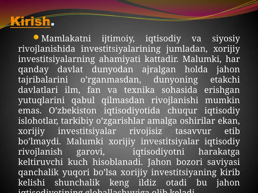 an hisoblanadi. www.arxiv.uz surxondaryo viloyatining “chet el investitsiyalari to‘g‘risida”, “investitsiya faoliyati to‘g‘risida”, “chet ellik investorlar huquqlarining kafolatlari va ularni himoya qilish choralari to‘g‘risida”gi qonunlari va boshqa qator me’yoriy- huquqiy hujjatlar xorijiy investitsiyalarni jalb qilish sohasini huquqiy tartibga solish asosi bo‘lib xizmat qilmoqda. masalan, yuqori texnologiyali ishlab chiqarishlarni rivojlantirishga to‘g‘ridan-to‘g‘ri qo‘yilmalar kiritayotgan xorijiy investorlar uchun maksimal darajada qulay investitsiya muhitini yaratish, ishlab chiqarishlarni modernizatsiya qilish, texnik va texnologik yangilash bo‘yicha loyihalarni amalga oshirish uchun xorijiy investitsiyalar jalb etilishini rag‘batlantirish maqsadida 2022-yil 10- aprelda davlatimiz rahbarining “to‘g‘ridan-to‘g‘ri xorijiy investitsiyalar jalb etilishini rag‘batlantirishga oid qo‘shimcha chora-tadbirlar to‘g‘risida”gi farmoni qabul qilindi. bugungi kunda mamlakatimizda iqtisodiyotning yetakchi tarmoqlarida xorijiy investitsiyalar ishtirokida 4,2 mingdan ortiq korxona tashkil qilindi va muvaffaqiyatli faoliyat ko‘rsatmoqda. bu esa xorijiy investorlarning surxondaryo viloyatining iqtisodiyotining barqarorligi va mustahkamligiga, uni rivojlantirish istiqbollariga qiziqishi hamda ishonchi ortib borayotganidan yaqqol dalolat beradi. xo‘jalik sub’ektlari va aholining investitsion faolligini shirishga doir chora-tadbirlar ham korxonalarning o‘z mablag‘lari …