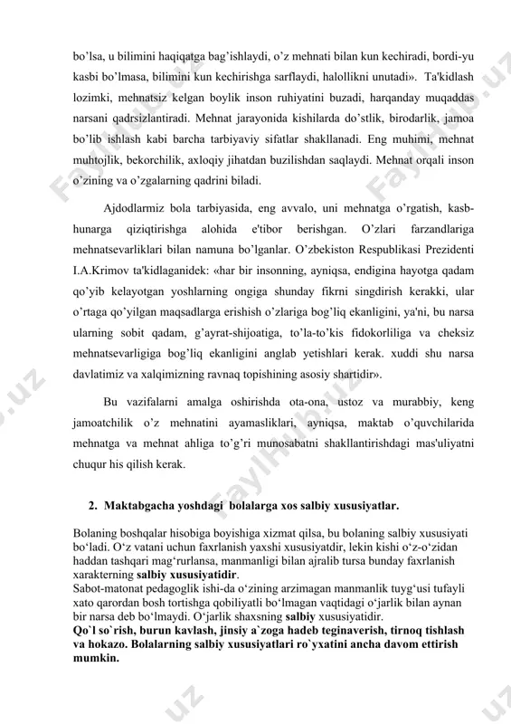 yyorgarligini belgilaydigan "tashhis markazlari" tashkil etildi. oʻquvchilarning bilim va koʻnikmalarini reyting asosida nazorat qilish, maktab bitiruvchilarini yakuniy attestatsiyasini kompyuter yordamida test orqali amalga oshirish, ta’lim amaliyotini diagnostik taxdil etish, ta’lim muassasalarida marketing tizimidan foydalanish kabi qator pedagogik yangiliklar joriy etildi (qarang taʼlimning milliy modeli). ta’lim mazmuni uning maqsadiga muvofiq, ijtimoiy shartsharoit, fan va texnika, sanʼat holati va shu kabini hisobga olgan holda belgilanadi. kasbhunar kollejlari, oʻrta maxsus va oliy oʻquv yurtlaridagi ta’limning mazmuniga umumiy maʼlumotdan tashqari muayyan kasb va mutaxassislik uchun zarur boʻlgan maxsus bilim, malaka va koʻnikmalar ham kiradi. ta’lim mazmuni oʻquv reja va dasturlari, darslik va boshqalarda yoritiladi. ta’limda qoʻyilgan maqsadga erishish uchun turli metod, vosita, tashkiliy tizim va shakllar (maʼruza, suqbat, tajribalar oʻtkazish, koʻrgazmali qurollarni qoʻllash, kuzatish, mashq va shu kabi)dan foydalaniladi. oʻquv jarayonida texnik vositalar (kino, televideniye, radio, kompyuter, ehm va boshqalar)ni keng qoʻllash ta’lim metodini ishlab chiqishga katta taʼsir koʻrsatadi. ta’limni tashkil etishning umumiy taʼlim, …