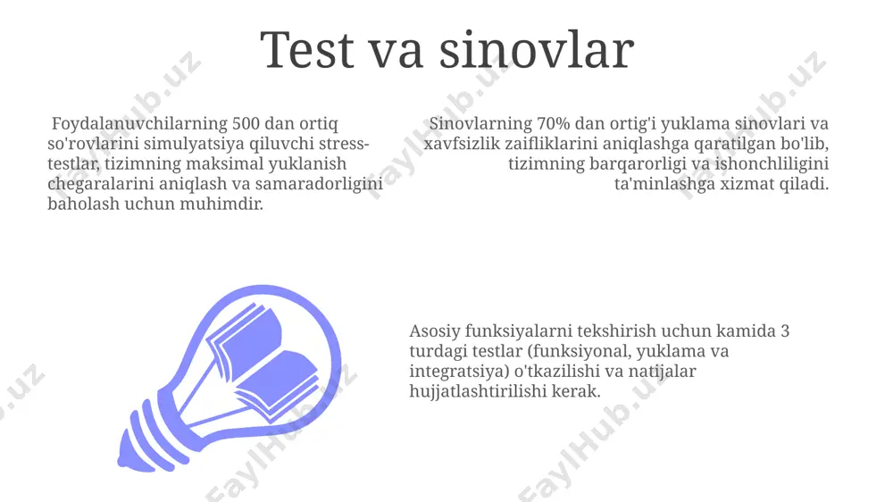 4 marta o‘tkazilishi lozim. davlat e-hukumati tizimining xavfsizligi uchun kamida 3 qatlamli himoya tizimi (tarmoq, server, dasturiy ta’minot) va 99,99% ishonchlilik koeffitsiyentiga ega bo‘lgan zahira serverlarini o‘rnatish zarur. ma’lumotlar bazasining zahiralanishi har 24 soatda avtomatik ravishda amalga oshirilib, kamida 3 ta turli xil joyda saqlanishi kerak, shuningdek, 7 kundan ortiq vaqt oralig‘ida saqlanadigan arxivalar yaratilishi lozim. ma'lumotlar bazasi dizayni e-hukumat tizimining samaradorligi ma'lumotlar bazasining normalizatsiyasi darajasiga, xususan, 3nf yoki bcnf normal shakllariga bog'liq bo'lib, bu ortiqcha ma'lumotlarni kamaytiradi. xavfsizlikni ta'minlash uchun ma'lumotlar bazasi dizayni 256-bitli aes shifrlash kabi kuchli kriptografik usullardan foydalanishi va ma'lumotlarga kirishni nazorat qiluvchi rol-asoslangan kirish nazorati (rbac) mexanizmini qo'llashi kerak. ma'lumotlar bazasi dizayni sql yoki nosql kabi turli xil boshqaruv tizimlaridan foydalanishni talab qiladi, bu esa 100,000 dan ortiq foydalanuvchilar uchun ma'lumotlarning samarali saqlanishini ta'minlaydi. byudjet va resurslar davlat elektron hukumati tizimini yaratish uchun dastlabki investitsiyalar 5-10 million dollarni tashkil qilishi mumkin, bu esa texnologiyalar, infratuzilma …
