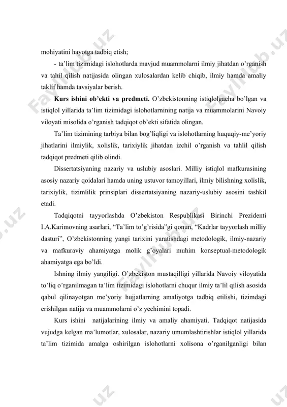 alar, nazariy umumlashtirishlar istiqlol yillarida ta’lim tizimida amalga oshirilgan islohotlarni xolisona o’rganilganligi bilan ahamiyatlidir. dissertatsiya materiallari milliy, umuminsoniy qadriyatlarni o’zaro uyg’unlikda o’rganish va bu borada xalqimiz ongida xolis tarixiy tafakkur hosil qilishda ham ma’lum ahamiyat kasb etadi. kurs ishi natijalari xx asr va o’zbekiston mustaqilligi yillarida ta’lim va tarbiya tizimidagi islohotlarning mazmuni va mohiyatini o’rganuvchi ilmiy izlanuvchilar uchun nazariy qo’llanma hamda axborot manbai bo’la oladi. i.bob. ta’lim tizimi islohotlari: istiqlolgacha va istiqlol yillari. 1.1. chor rossiyasi va sovetlar hukmronligi yillarida ta’lim tizimi. o’zbekiston respublikasi prezidenti islom karimov o’zbek xalqining istiqlol yillarida qayta uyg’onayotgan milliy ma’naviyati va ma’rifatiga to’xtalib, jumladan, quyidagilarni ta’kidlab o’tgan edi: "jamiyat taraqqiyot ining asosi, uni muqar-rar halokatdan qutqarib qoladigan yagona kuch - ma’rifatdir. asrimiz boshida turkistonda kechgan voqealarni bir eslang. nega bu o’lkada o’sha yillari ma’rifatchilik harakati har qachon-gidan ham kuchayib ketdi? negaki, chor rossiyasi asoratiga tu-shib qolib, butkul tanazzulga yuz tutgan o’lkani uyg’otishga, xalq-ning ko’zini ochishga …