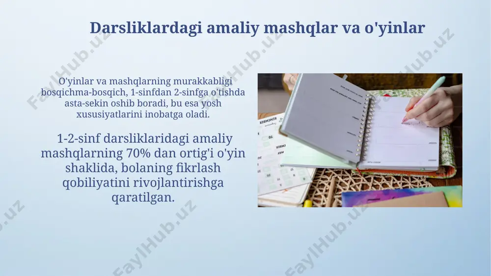 ini shakllantirishga yordam beradi. muloqot madaniyati va ijtimoiy ko'nikmalar “muloqot madaniyati va ijtimoiy ko'nikmalar” darsligi 1-2-sinf o'quvchilari uchun 20 ga yaqin turli xil ijtimoiy vaziyatlarni o'z ichiga oladi, bu bolalarning muloqot ko'nikmalarini rivojlantirishga qaratilgan. kitobda 10 dan ortiq amaliy mashqlar va o'yinlar mavjud bo'lib, ular o'quvchilarning faol ishtiroki va o'rganilgan bilimlarni mustahkamlashga yordam beradi, shu jumladan rolli o'yinlar ham bor. sog'lom turmush tarzini shakllantirish "sog'lom turmush tarzini shakllantirish" darsliklarida 1-2-sinf o'quvchilari uchun mo'ljallangan 20 dan ortiq rangli rasm va 10 dan ziyod amaliy mashqlar mavjud bo'lib, ular sog'lom odatlarni o'rgatishga qaratilgan. kitoblarda bolalar uchun tushunarli til bilan 5 ta asosiy oziq-ovqat guruhi, jismoniy faoliyatning ahamiyati va shaxsiy gigiena qoidalari kabi muhim mavzular batafsil bayon etilgan. oila va jamiyatga oid tushunchalar "oila va jamiyatga oid tushunchalar" darsliklarida 1-2-sinf o'quvchilari uchun oila a'zolarining 5-6 tasini aniqlash va ularning o'zaro munosabatlarini tushunishga oid vazifalar mavjud. darsliklarda jamiyat haqidagi tushunchalarni shakllantirish uchun 2-3 ta …