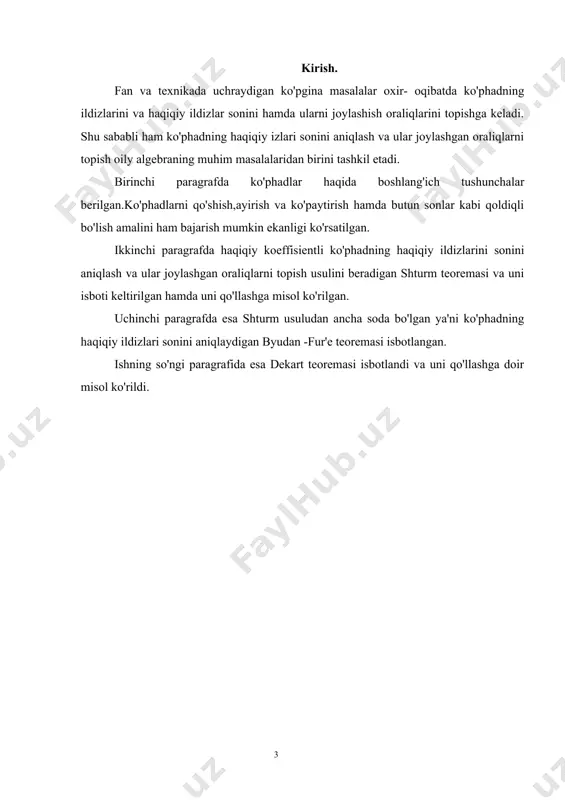 ko’paytmasining darajasi bu ko’phadlar darajalarining yig’indisiga teng. demak , noldan farqli ko’phadlarning ko’paytmasi hech qachon nolga teng bo’lmasligi kelib chiqadi . endi bu kiritilgan amallarni xossalarini o’rganaylik. ko’phadlarni qo’shishning kommutativligi va assotsativligi bu xossalarning sonlarni qo’shish uchun o’rinli ekanligidan kelib chiqadi , chunki noma’lumning har bir darajasi oldidagi koeffitsentlar alohida-alohida qo’shiladi. ko’phadlar uchun ayirish amali ham bajariladi: nol rolini nol soni o’ynaydi , f (x) = a0 + axx + a2x2 + ••• + anxn ko’phad uchun qarama-qarshi ko’phad quyidagicha bo’ladi: ko’phadlarni ko’paytirishning kommutativligi sonlarni ko’paytirishning kommutativligidan va ko’phadlarni ko’paytirishga berilgan ta’rifda har ikkala ko’paytuvchilarning koeffitsentlari teng huquq bilan olinishidan kelib chiqadi. ko’paytirishning assotsativligini isbotlaylik. bizga f (x) = a0 + atx + ••• + an_x—1 + anxn g( x) = k + bi x + ... + bs—i xs—1 + bsxs h(x) = d0 + dxx + + ^xt—1 + dtxf ko’phadlar berigan bo’lsin , u holda [f(x)g(x)]h(x) ko’paytmada …