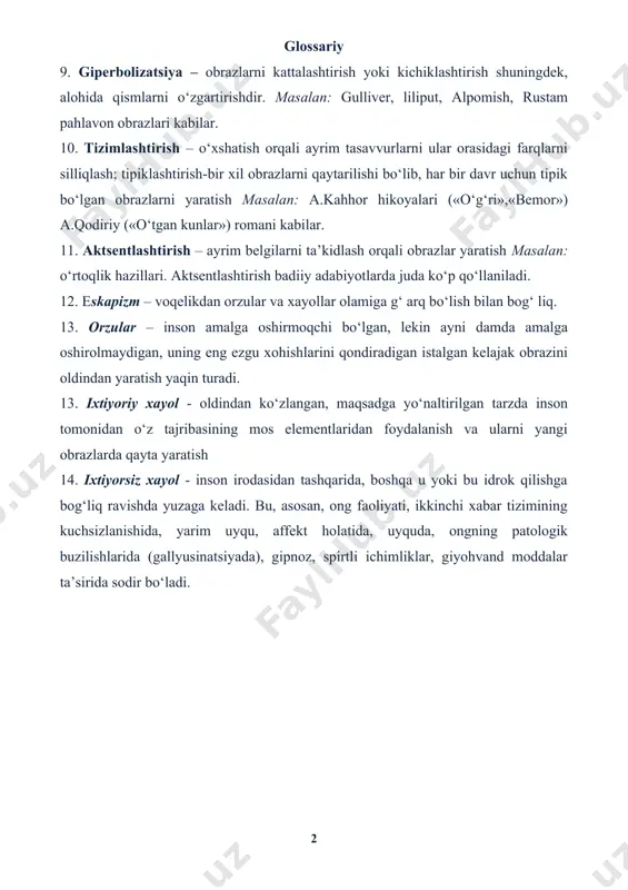 ya – obrazlarni kattalashtirish yoki kichiklashtirish shuningdek, alohida qismlarni o‘zgartirishdir. masalan: gulliver, liliput, alpomish, rustam pahlavon obrazlari kabilar. 10. tizimlashtirish – o‘xshatish orqali ayrim tasavvurlarni ular orasidagi farqlarni silliqlash; tipiklashtirish-bir xil obrazlarni qaytarilishi bo‘lib, har bir davr uchun tipik bo‘lgan obrazlarni yaratish masalan: a.kahhor hikoyalari («o‘g‘ri»,«bemor») a.qodiriy («o‘tgan kunlar») romani kabilar. 11. aktsentlashtirish – ayrim belgilarni ta’kidlash orqali obrazlar yaratish masalan: o‘rtoqlik hazillari. aktsentlashtirish badiiy adabiyotlarda juda ko‘p qo‘llaniladi. 12. eskapizm – voqelikdan orzular va xayollar olamiga g‘ arq bo‘lish bilan bog‘ liq. 13. orzular – inson amalga oshirmoqchi bo‘lgan, lekin ayni damda amalga oshirolmaydigan, uning eng ezgu xohishlarini qondiradigan istalgan kelajak obrazini oldindan yaratish yaqin turadi. 13. ixtiyoriy xayol - oldindan ko‘zlangan, maqsadga yo‘naltirilgan tarzda inson tomonidan o‘z tajribasining mos elementlaridan foydalanish va ularni yangi obrazlarda qayta yaratish 14. ixtiyorsiz xayol - inson irodasidan tashqarida, boshqa u yoki bu idrok qilishga bog‘liq ravishda yuzaga keladi. bu, asosan, ong faoliyati, …
