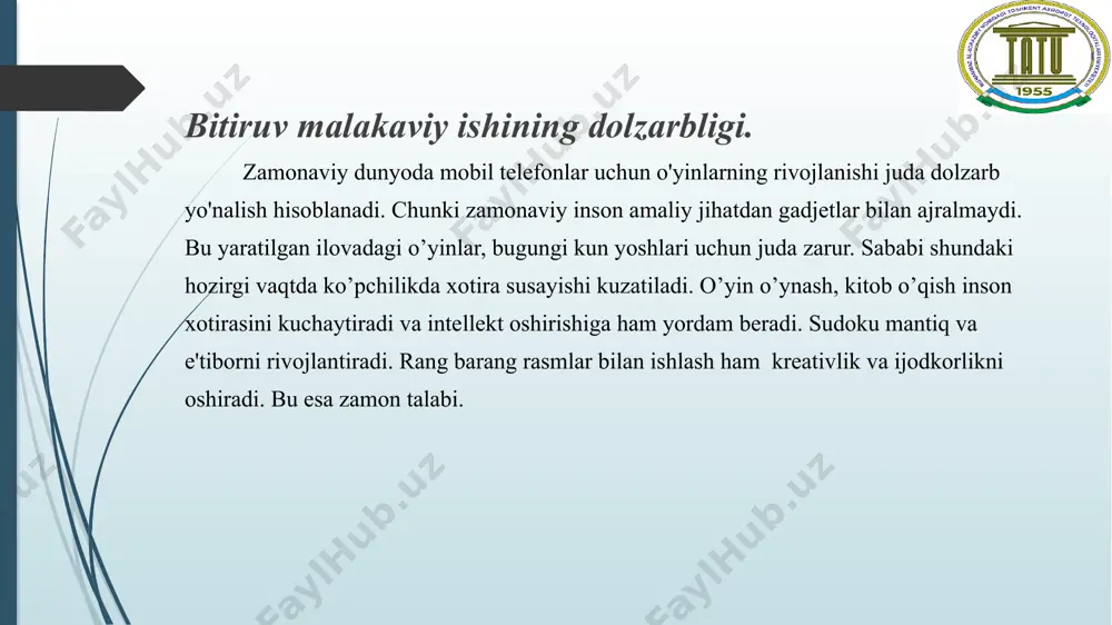 bil ilovasidan foydalanishning o‘ziga xos xususiyatlari taxlili talabalarning aqliy intellektini mustaxkamlash uchun "xotira mashqi" mobil ilovasi imkonyatlaridan foydalanishni tashkil etish hozirgi kunda axborotlashuv, internetdan foydalanish juda tezlik bilan o’smoqda. kiber olam ma'lumotlaridan kompyuter va internet vositasida dunyoning barcha burchaklaridagi kishilar bemalol foydalanishlari mumkin. kompyuter va internet imkoniyatlaridan foydalana bilish axborot kiber olami bilan kengroq tanishish, baxramand bo'lish dunyoning istalgan nuqtasi bilan bir zumda bog'lanish, muloqat qilish imkoniyatini yaratadi. bularning barchasi inson aqliy intelektiga bog’liq. ayrim hollarda inson miyasi toliqadi va o’zida dam olishga extiyoj sezadi. yoki kompyuter va shunday qurilmalardan ko’p foydalanish inson xotirasiga zarar keltirishi mumkin. ammo telefon kompyutrlarsiz hayotimizni tasa vur qilishimiz qiyin. shu boisdan aqliy intelektni kuchaytiruvchi xotirani mustaxkamlovchi mobil ilovalar yaratish muammosi paydo bo’ladi. hozirgi kunda bunaqa dasturlar talaygina. dasturlash tillarisiz mobil ilovalar, o’yinlar yaratib bo’lmaydi. ii bob. talabalarning aqliy intellektini mustaxkamlash uchun "xotira mashqi" mobil ilovasini ishlab chiqish (android dasturi misolida) android dasturi va uning …