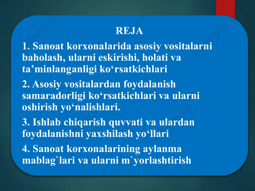 a muddatli qarzlar: korxona qisqa muddatda o‘z faoliyatini davom ettirish uchun foydalanadigan mablag‘lar. tovar va material zaxiralari: ishlab chiqarish jarayonida ishlatiladigan xom ashyo, yarim tayyor mahsulotlar va tayyor mahsulotlar. aylanma mablag‘larning turlari: nazorat uchun savollar: asosiy vositalarni baholash. ma'naviy eskirish. texnologik modernizatsiya ishlab chiqarish hajmi resurslar rejalashtirilishi. image2.png image3.png image4.emf image5.png image6.png image7.png image8.png image9.png image10.png asosiy vositalar /docprops/thumbnail.jpeg
