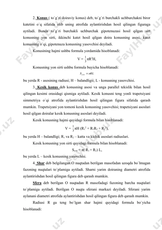 r1 va r2 – katta va kichik asoslari radiuslari. kesik konusning yon sirti quyidagi formula bilan hisoblanadi: syon = π( r1 + r2) l, bu yerda l – kesik konusning yasovchisi. 4. shar deb belgilangan o nuqtadan berilgan masofadan uzoqda bo`lmagan fazoning nuqtalari to`plamiga aytiladi. sharni yarim doiraning diametri atrofida aylantirishdan hosil qilingan figura deb qarash mumkin. sfera deb berilgan o nuqtadan r masofadagi fazoning barcha nuqtalari to`plamiga aytiladi. berilgan o nuqta sferani markazi deyiladi. sferani yarim aylanani diametri atrofida aylantirishdan hosil qilingan figura deb qarash mumkin. radiusi r ga teng bo`lgan shar hajmi quyidagi formula bo`yicha hisoblanadi: v = πr3. r radiusli sferaning yuzi (shar sirti) ushbu formula bo`yicha hisoblanadi: s = 4πr2 shar segmenti deb sharning tekislik bilan kesimida hosil qilingan qismiga aytiladi. shar segmenti hajmi ushbu formula bo`yicha hisoblanadi: v = πh2 (r – h), bu yerda r- shar radiusi; h – segmentni balandligi. shar segmenti sirtining …