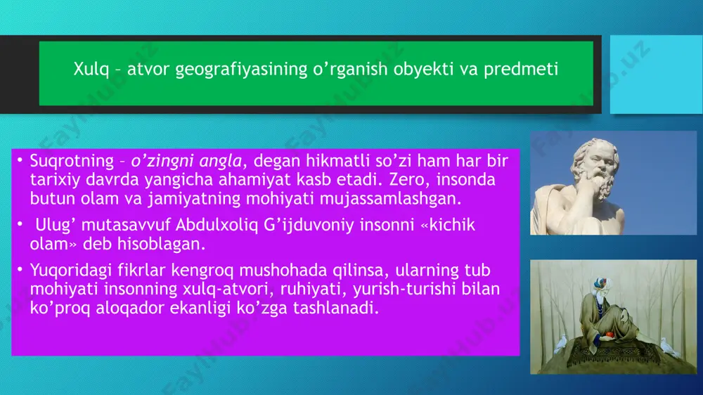va bunda aholi migratsiyasi bilan bog’liq ilmiy ishlarda mazkur sohaga doir ma’lumotlarga zarurat tug’ildi. chunonchi, l.i.mechnikov insoniyat tarixida turli tabiiy geografik omillar ta’sirini o’rganib, buyuk daryolar sivilizatsiyasi yoki daryo madaniyati kontsepsiyasni yaratdi. e.f.zyablovskiy o’z fikrlarida ko’proq xulq-atvor geografiyasi atamasi o’rnida urf-odat geografiyasi atamasini qo’llashni lozim deb bilgan. e.g.milyukov jinoyatchilik bilan bog’liq masalalar ham, aynan, xulq-atvor geografiyasi tomonidan o’rganilishi zarurligini uqtirib o’tgan. b.b.rodoman, v.l.kaganskiy singari olimlar zehn va fe’l-atvor landshaft muhitiga, ayniqsa, madaniy landshaftlar bilan aloqadorligi borasida o’z fikr-mulohazalarini bildirdi. xix asrning oxirlarida germaniyada f.rattsel tomonidan antropogeografiyaga asos solindi. olim g’oyasining negizida geografik determinizm, ya’ni inson, xalqlarning ruhi va jismiga tabiiy muhitning hal qiluvchi ta’sir etish g’oyasi yotgan edi. mazkur g’oya asosida keyinchalik xulq-atvor geografiyasi shakllandi. f.rattsel o’z qarashlarida muhitning ijtimoiy hayotimizga ta’sirini to’rt turga ajratadi va bunda tabiiy hamda psixologik ta’sirni alohida ta’kidlab o’tdi. u.kirk o’z qarashlarida “axloqiy muhit” tushunchasini izohlab o’tadi. muayyan hududlarda yashayotgan insonlarning madaniyatlilik darajasi ularning nigohlarida …