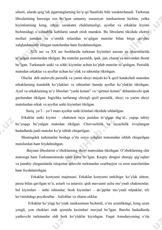 yollar ko’ylaklai tikishgan. ayol va erkaklarning to’y liboslari “yashi ketani” va “qirmizi ketani” debataluvchi ipak gazlamdan tikilgan. ingichka turfarang chiziqli qizil paxtalik, shoyi va yarim shoyi matolardan erkak va ayollar ustki kiyimlari tikilgan. sariq yo’l – yo’l mato ayollar ustki kiimlari tikishda ishlatilgan. erkaklar ustki kiyimi – chakmon tuya junidan to’qlgan dag’al., yupqa tabiiy bo’yoqqa bo’yalgan matodan tikilgan. chorvachilik va tuyachilik rivojlangan hududlarda junli matolar ko’p ishlab chiqarilgan. shuningdek turkmanlar boshqa o’rta osiyo xalqlari tomonidan ishlab chiqarilgan matolardan ham foydalnishgan. bayram liboslarini o’zbeklarning shoyi matosidan tikishgan. o’zbeklarning chit matosiga ham turkmanistonda talab katta bo’lgan. kaspiy dengizi sharqiy qig’oqlari va janubiy chegaralarda istiqomat qiluvchi turkmanlar ozarbayjon va eron marolaridan ham foydalanishgan. erkaklar kostyumi majmuasi. erkaklar kostyumi tarkibiga: ko’ylak ishton; paxta bilan qavilgan to’n, astarli va astarsiz; qish mavsumi uchu mo’ynali chakmonlar; bel kiyimlari – ustki ishtonlar; bosh kiyimlari – do’ppilar mo’ynali telpaklar; trli ko’rinishdagi poyabzallar – kalishlar va charm etiklar. erkaklar …