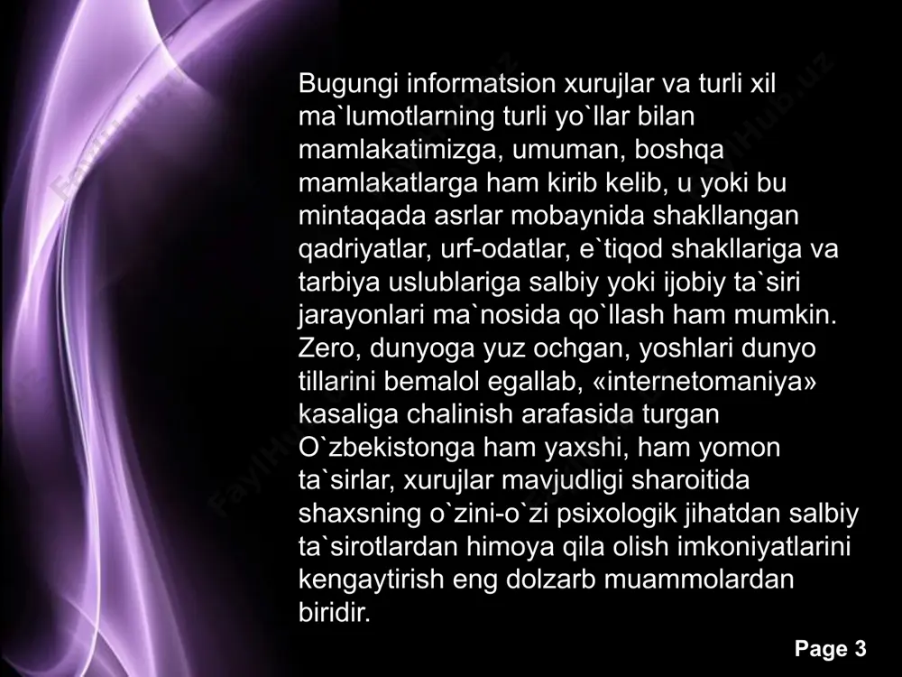 b yashash ko`proq qiziqtiradi. page ‹#› zamonaviy g`arb yoshlari, xotin-qizlar uchun bu kabi imtiyozlar bola tug`ilishi va bu bilan bog`liq tashvishlar oldida hech gap emas. shu kabi gedonistik psixologiya bizning yoshlarimiz ongida paydo bo`lmasligi, ochiq axborotlar makonida bemalol turli ma`lumotlarni qabul qilish imkoniyati paydo bo`lgan hozirgi sharoitda ularni ezgu maqsadlarga yqnaltirish, ularda sog`lom dunyoqarash, ertangi kunga ishonch, sobit g`oya, sog`lom hissiyotlar, el-yurt oldida, oilasi va yaqinlari oldida insoniy javobgarlik va yuksak mas`uliyat hislarini tarbiyalash millat manfaatiga bevosita aloqador vazifamizdir. page ‹#› shaxs ongida g`oya va fikrning paydo bo`lishi. mafkura va psixologik xavfsizlik muammolari jahon hamjamiyatining mustaqil o`zbekistonni tan olishi, davlatimizning keng tashqi siyosiy va tashqi iqtisodiy faoliyati o`zbek xalqining ma`naviy qadriyatlari va imkoniyatlari tiklanishiga, o`zini boshqa xalqlar oilasidagi to`la huquqli millat sifatida anglab etishiga keng imkon yaratmoqda. tobora kengayib borayotgan xalqaro aloqalar jahon madaniyatini yanada chuqurroq bilish, umuminsoniy qadriyatlardan bahramand bo`lish uchun qulay zamin yaratmoqdaki, bu o`z navbatida o`zbek xalqining …