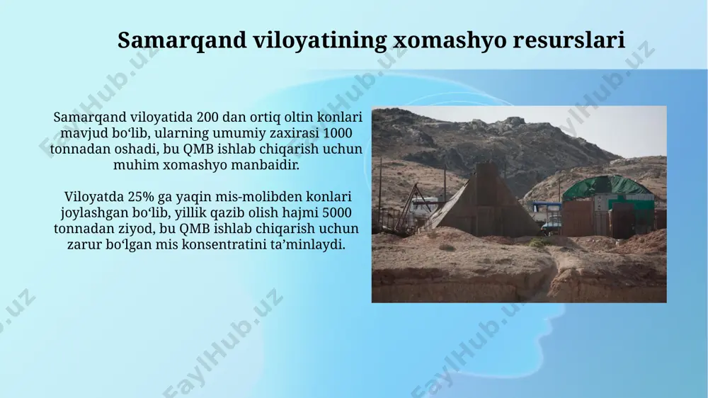 iy gaz zahiralari aniqlangan bo'lib, bu qmb ishlab chiqarish uchun muhim energiya manbai hisoblanadi. gazning asosiy qismi gaz-kondensatli konlaridan olinadi. qashqadaryo viloyatining janubiy hududlarida 50 million tonnadan ziyod fosforit konlari mavjudligi aniqlangan bo'lib, bu kimyo sanoati va qmb ishlab chiqarish uchun muhim xomashyo hisoblanadi. namangan viloyatining xomashyo resurslari viloyatda 20 dan ortiq turdagi foydali qazilmalar konlari mavjud boʻlib, ular orasida oltin, kumush, mis va qoʻrgʻoshin kabi qimmatbaho metallar ham kiradi. namangan viloyati, qimmatbaho metallar qazib olish boʻyicha 2022-yilda 150 million aqsh dollari miqdorida mahsulot ishlab chiqargan, bu viloyat iqtisodiyotining muhim qismini tashkil etadi. buxoro viloyatining xomashyo resurslari viloyatning janubi-gʻarbiy qismida joylashgan fosforit konlari, yillik 500 ming tonnagacha fosforli oʻgʻit ishlab chiqarishga yetarli miqdorda xomashyo bera oladi. buxoro viloyatida sement ishlab chiqarish uchun zarur boʻlgan ohaktosh zaxiralari taxminan 30 million kub metrga baholanib, quyida qurilish materiallari sohasiga katta hissa qoʻshadi. e'tiboringiz uchun rahmat @taqdimot_robot image2.jpg image3.jpg image4.jpg image5.jpg image6.jpg image7.jpg image8.jpg …