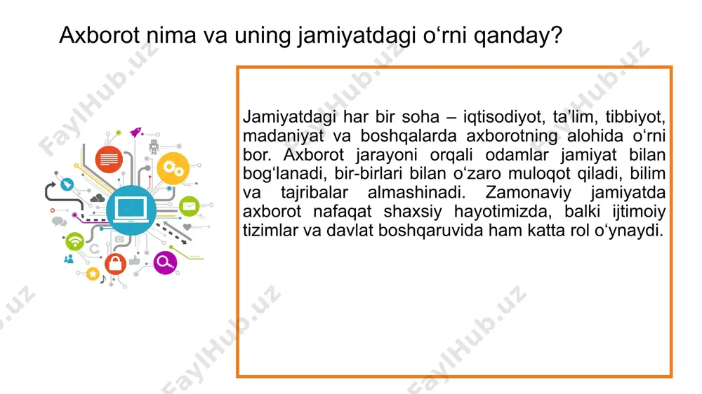 (zetta bayt) 1024 zb = 1 yb (yotta bayt) 1024 yb = 1 bronto bayt 1024 bronto bayt = 1 geop bayt geop bayt - eng yuqori xotiradir katta hajmdagi ma’lumotlar sig‘imini o‘lchash uchun axborotning qanday o‘lchamlari mavjud? axborotlarni uzatish turli xil usullarda, ya’ni xabarchi yordamida, pochta orqali, transport vositalari yordamida, aloqa tarmog‘idan uzoq masofaga uzatish yordamida amalga oshiriladi. aloqa tarmog‘i bo‘yicha uzoq masofaga uzatish usulida ma’lumotlarni uzatish vaqtini sezilarli darajada kamaytiradi. axborotlarni qanday usullarda uzatish mumkin? юборувчи қабул қилувчи ҳаво орқали сим орқали телекоммуникация коммуникация kompyuter va uning qurilmalari xotirani charxlash mashqi 5 daqiqa chelenji ushbu jadvalni 5 daqiqa ichida axborot texnalogiyalri fani mazmuniga oid ma’lumotlar bilan oxirgi xarflar ketma-keltligiga amal qilgan holda davom ettiring: 1. axborot 2. tarmoq 3. 4. 5. 6. 7. 8 9. 10. 11. 12…………….30………. ta’lim oluvchilarning kritik va kreativ fikrlashini rivojlantirishga qaratilgan amaliy topshiriqlar: axborot texnologiyalarining rivojlanishi jamiyat hayotini qanday o‘zgartirdi? axborot texnologiyalarining rivojlanishi …