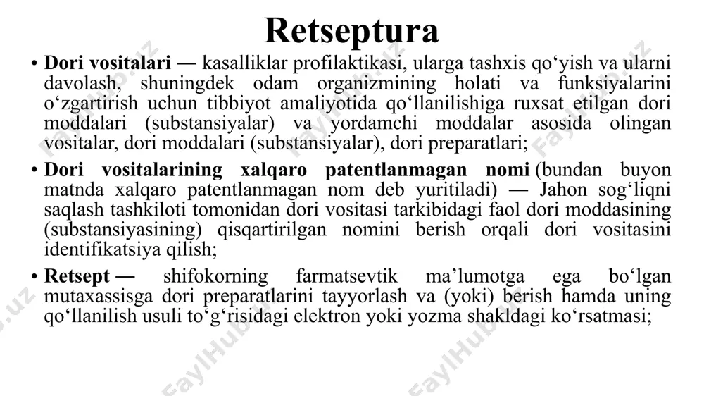 (760 mm simob ustuni) va 4°c haroratdagi eng yuqori miqdori. dori shakllari va ularning tasnifi dori shakllarining tasnifi dori shakli – dori moddasini qoʻllash uchun eng qulay holga keltirilgan shaklidir. chunonchi, dori shakllarining quyidagi turlari tafovut qilinadi: 1. suyuq dori shakllari 2. yumshoq dori shakllari 3. qattiq dori shakllari suyuq dori shakllari eritma – solutio  damlama – infusum  qaynatma – decoctum  tindirma – tinctura  aralashma – mixtura  in‘eksiyalar uchun ishlatiladigan dori shakllari – formae medicamentorum pro injectionibus  suyuq ekstrakt – extractum fluidum  quyuq ekstrakt – extractum spissum  quruq ekstrakt – extractum siccum  emulsiya – emulsum  shilimshiq - mucilago  suspenziya – suspensio eritmalar bosh kelishik birlik sonda - solutio, qaratqich kelishik birlik sonda – solutionis, qisqartmasi - sol. eritmalar – dozalarga boʻlinmagan suyuq dori shakli boʻlib, ichga yoki sirtga qoʻllash uchun moʻljallangan qattiq yoki suyuq dori moddasini erituvchida eritish yoʻli …